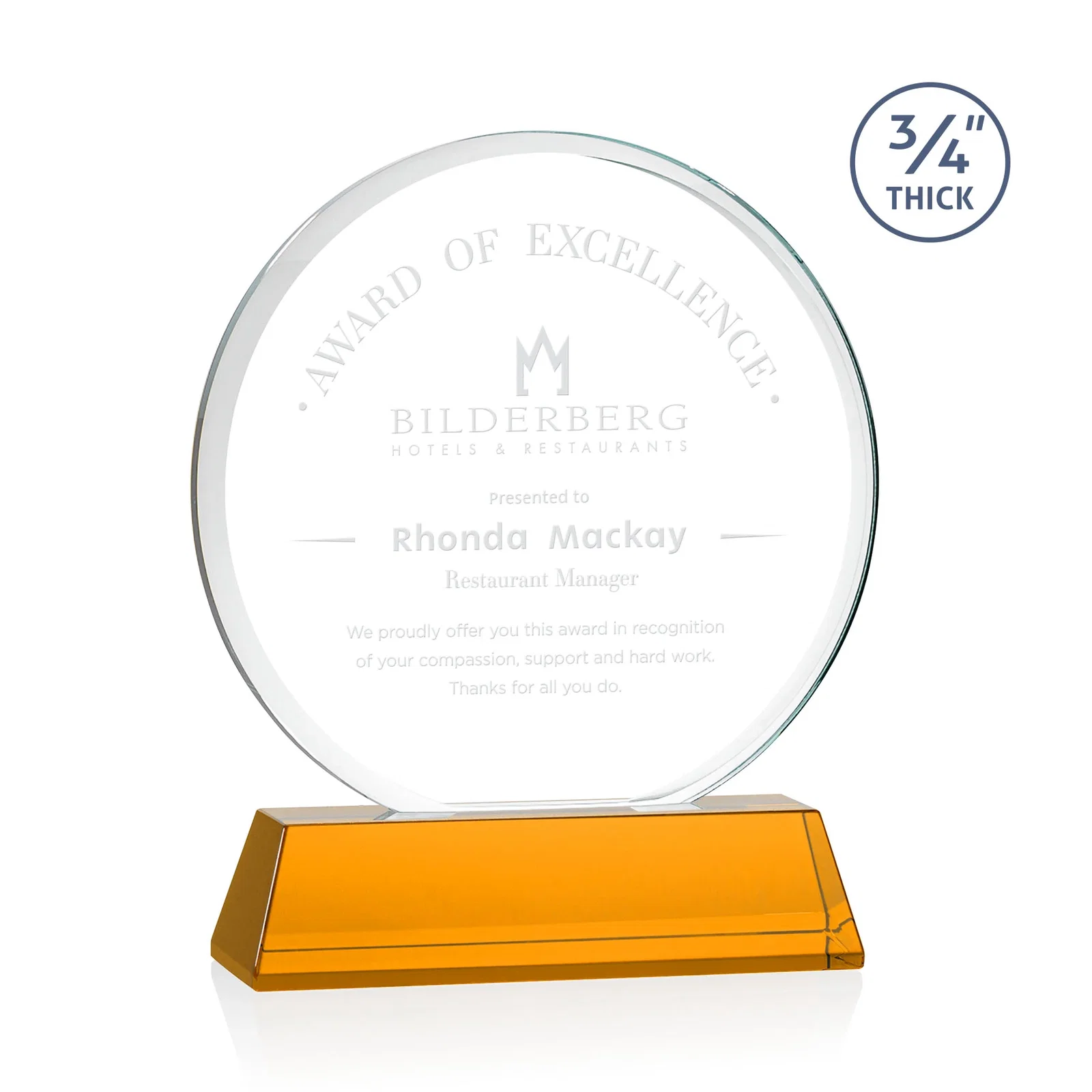 Custom Starfire Crystal Double-Beveled Disc Award on Tall Tapered Base for donor appreciation