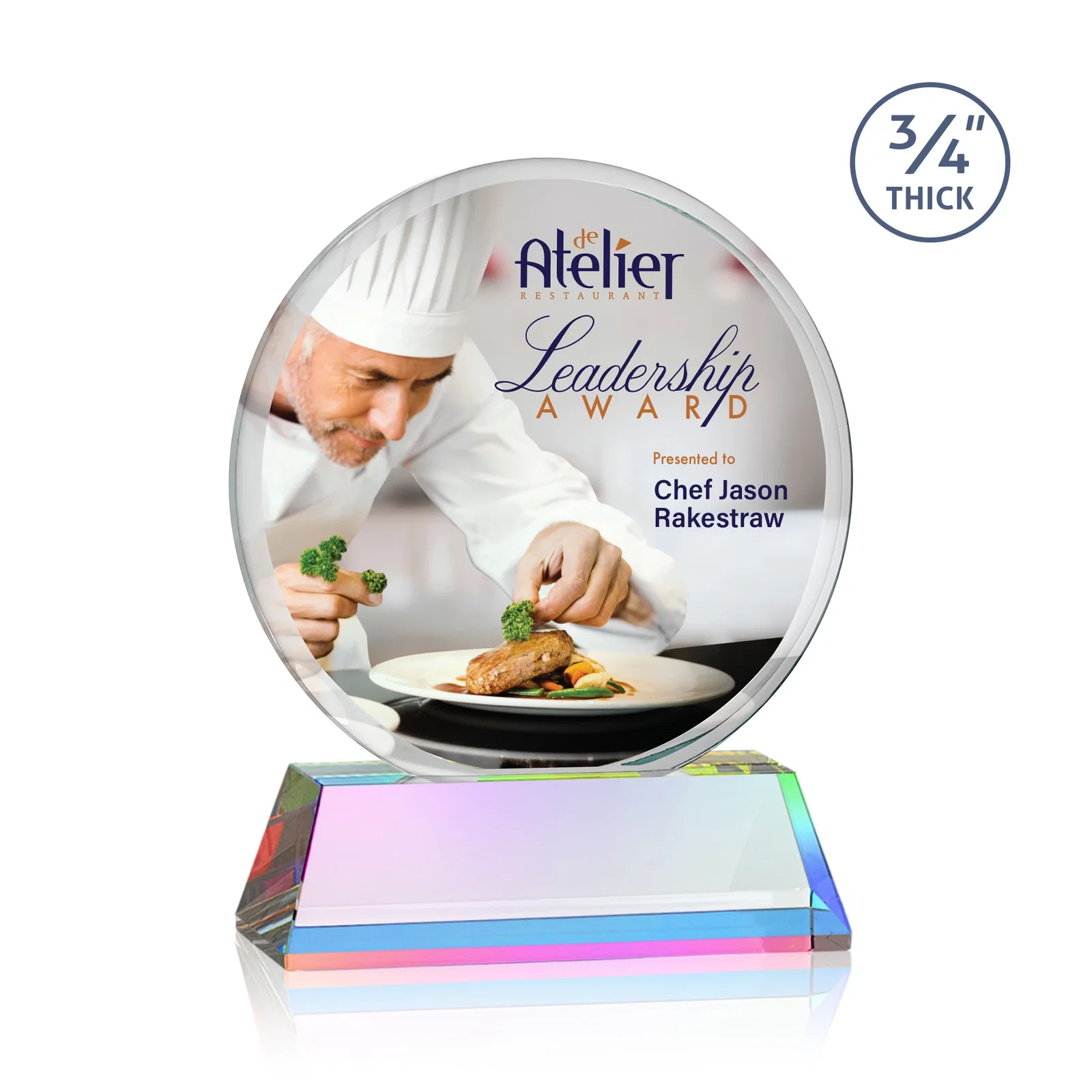 Customized Starfire Crystal Double-Beveled Disc Award on Tall Tapered Base for volunteer appreciation