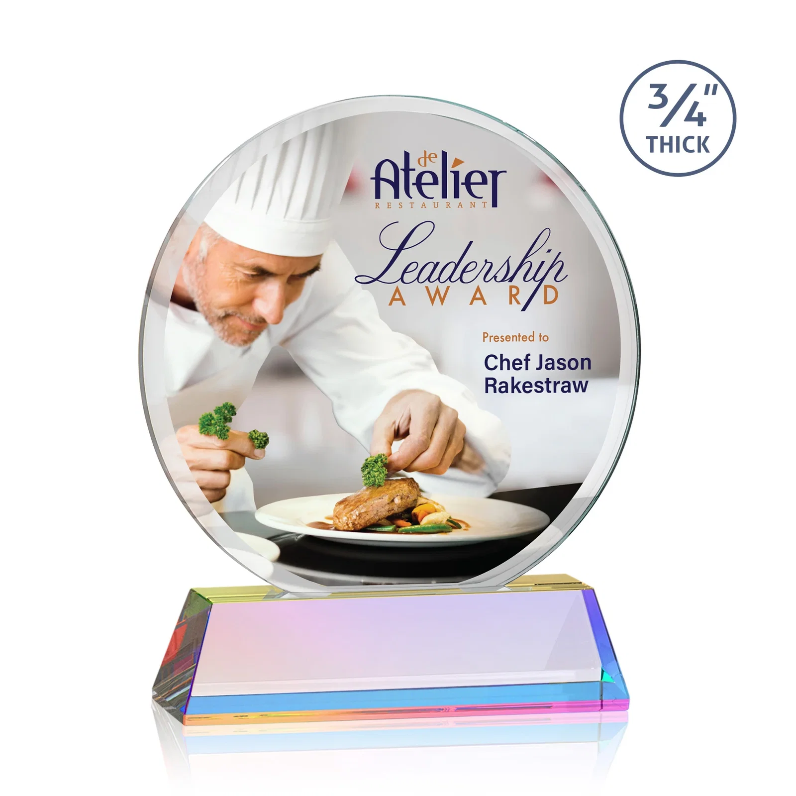 Customized Starfire Crystal Double-Beveled Disc Award on Tall Tapered Base for dealer and partner awards