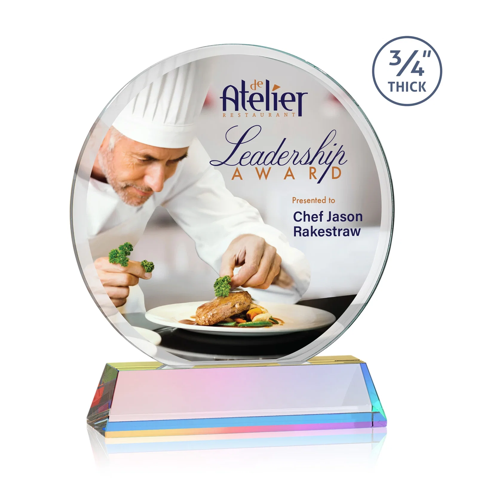 Customized Starfire Crystal Double-Beveled Disc Award on Tall Tapered Base for company anniversary events