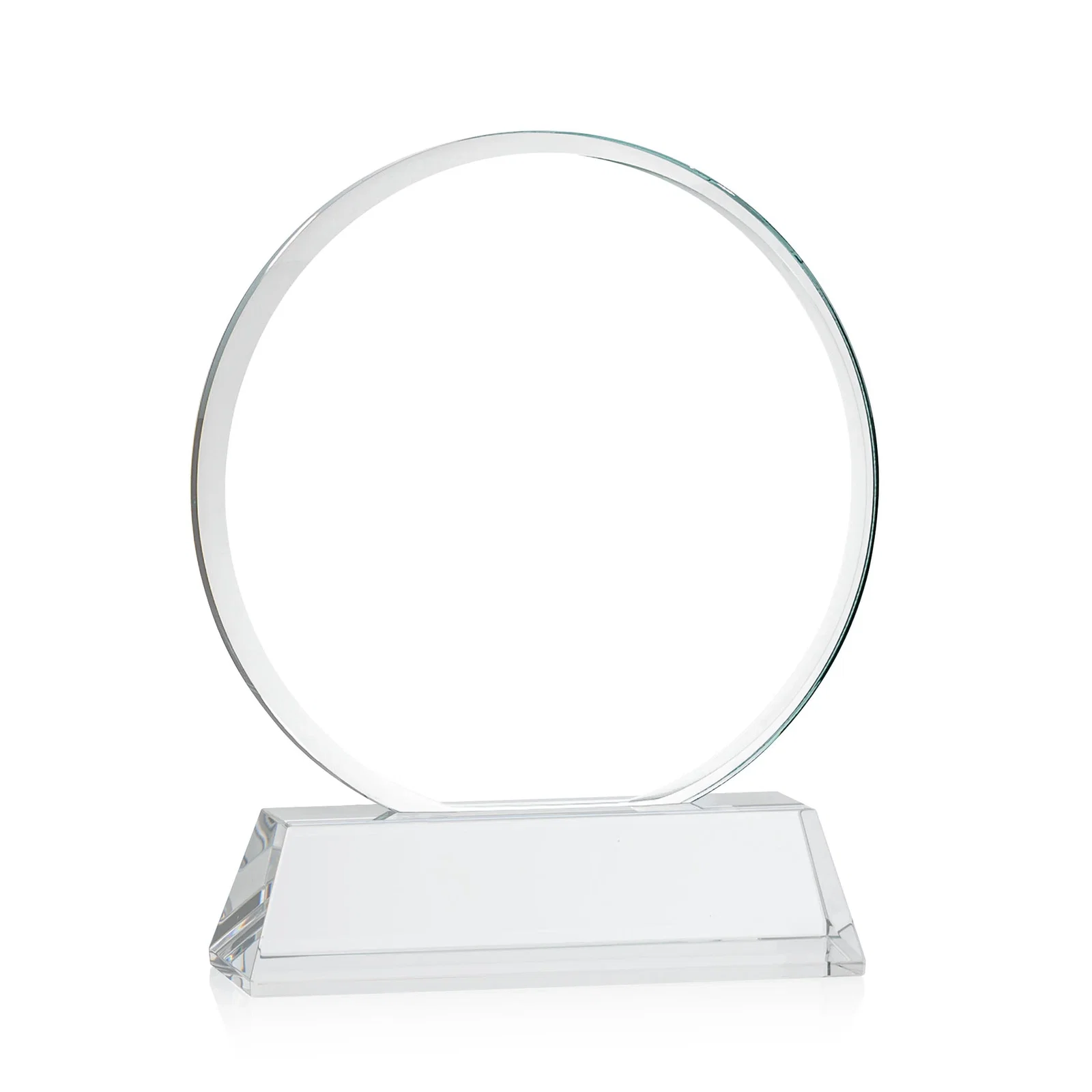 Custom engraved Starfire Crystal Double-Beveled Disc Award on Tall Tapered Base for corporate award ceremonies