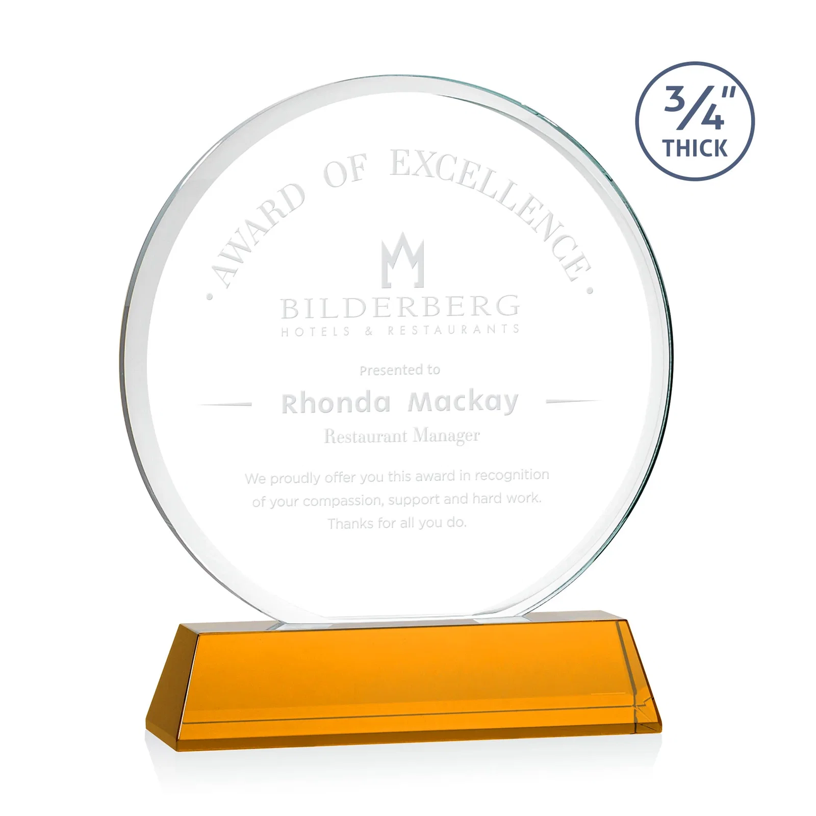 Custom Starfire Crystal Double-Beveled Disc Award on Tall Tapered Base for graduation ceremonies
