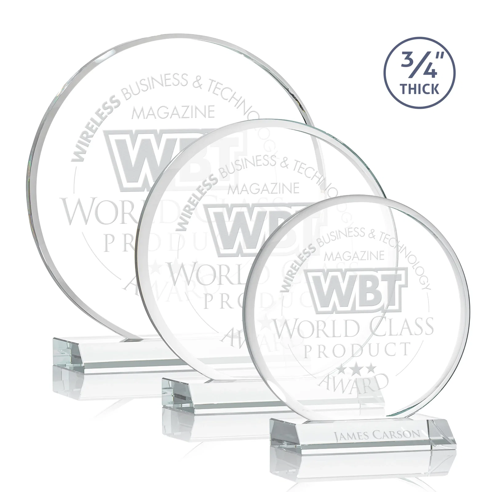 Custom Starfire Crystal Double-Beveled Disc Award on Clear Mitered Base for employee recognition