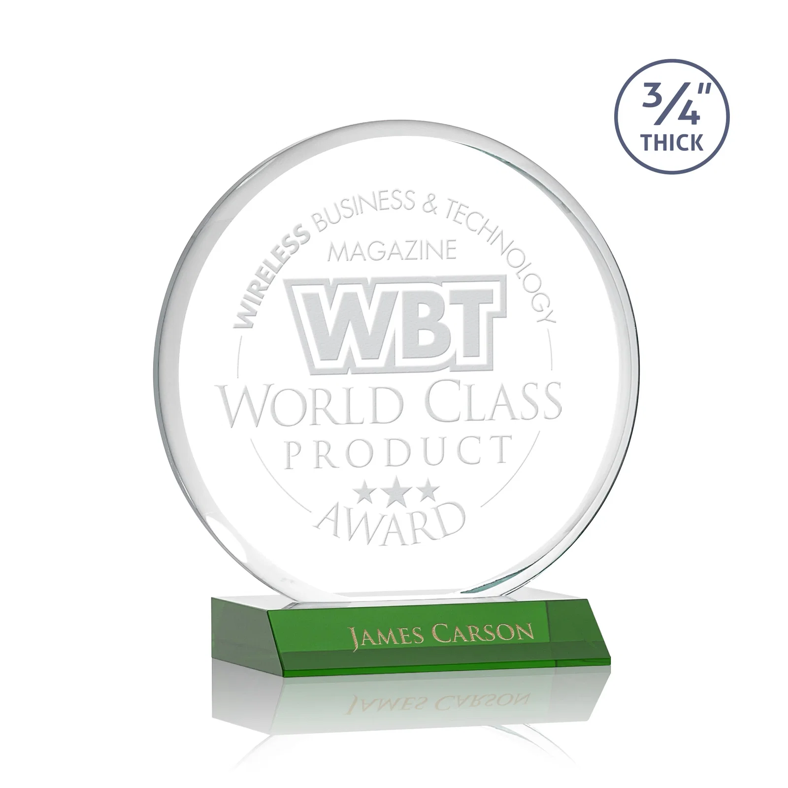 Custom Starfire Crystal Double-Beveled Disc Award on Clear Mitered Base for volunteer appreciation