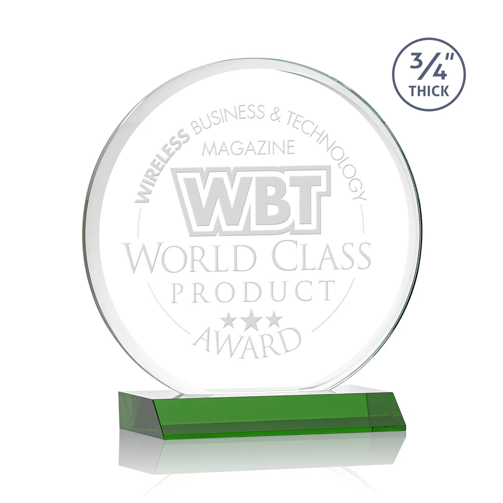 Custom Starfire Crystal Double-Beveled Disc Award on Clear Mitered Base for dealer and partner awards