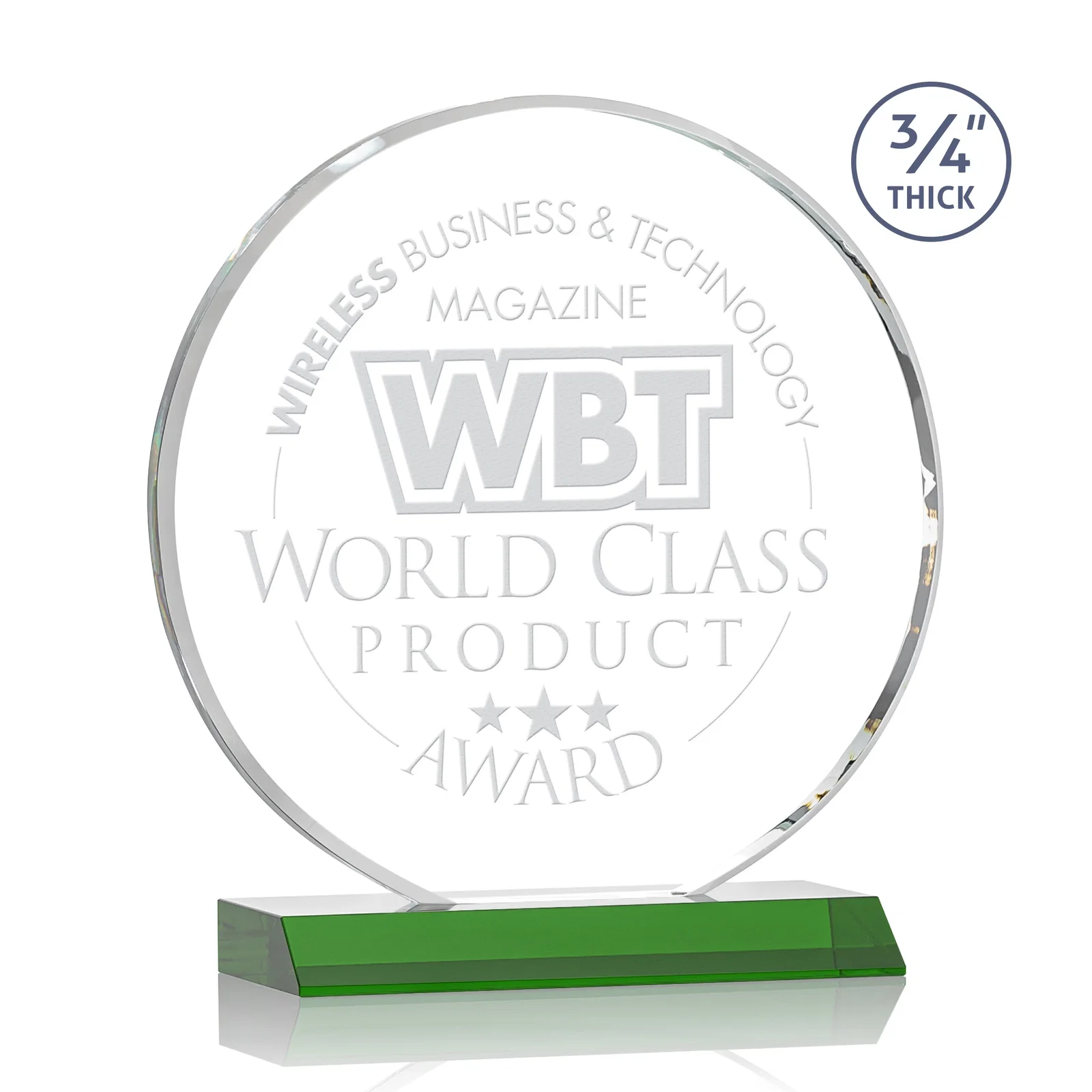 Custom Starfire Crystal Double-Beveled Disc Award on Clear Mitered Base for company anniversary events
