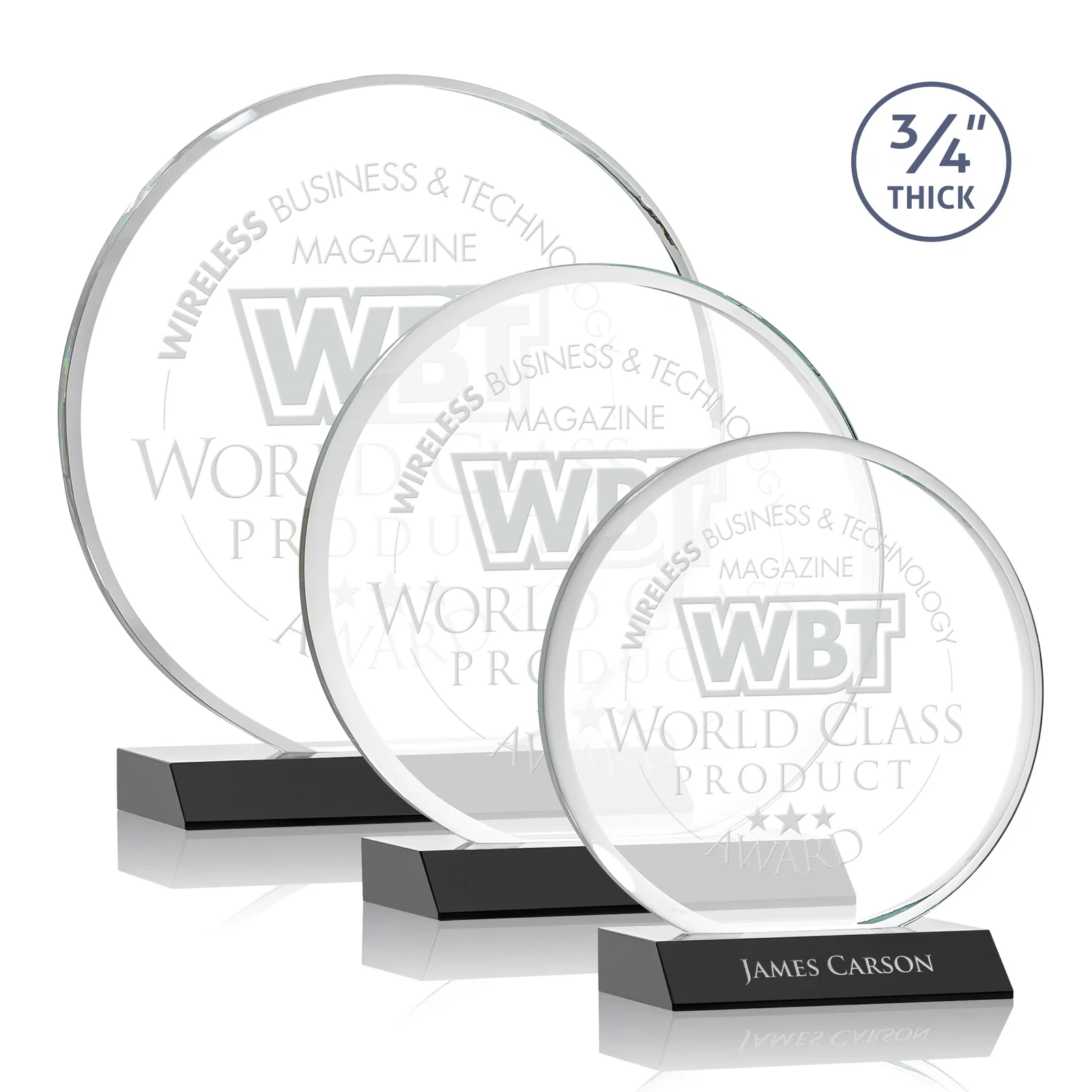 Personalized Starfire Crystal Double-Beveled Disc Award on Clear Mitered Base for employee recognition