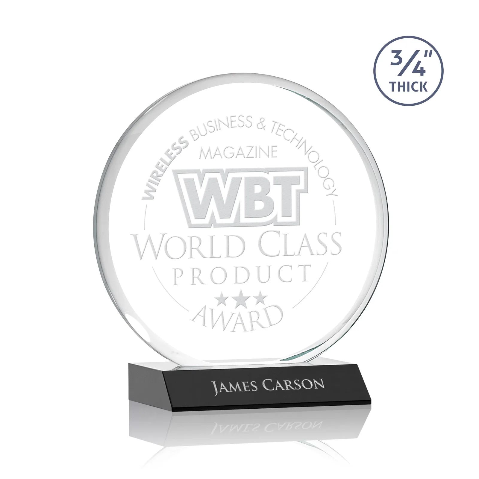 Personalized Starfire Crystal Double-Beveled Disc Award on Clear Mitered Base for corporate award ceremonies
