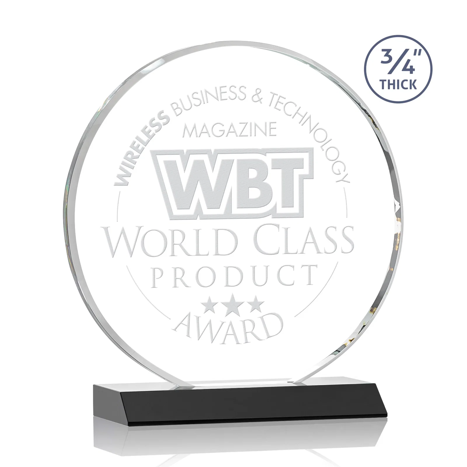 Personalized Starfire Crystal Double-Beveled Disc Award on Clear Mitered Base for sales achievement awards