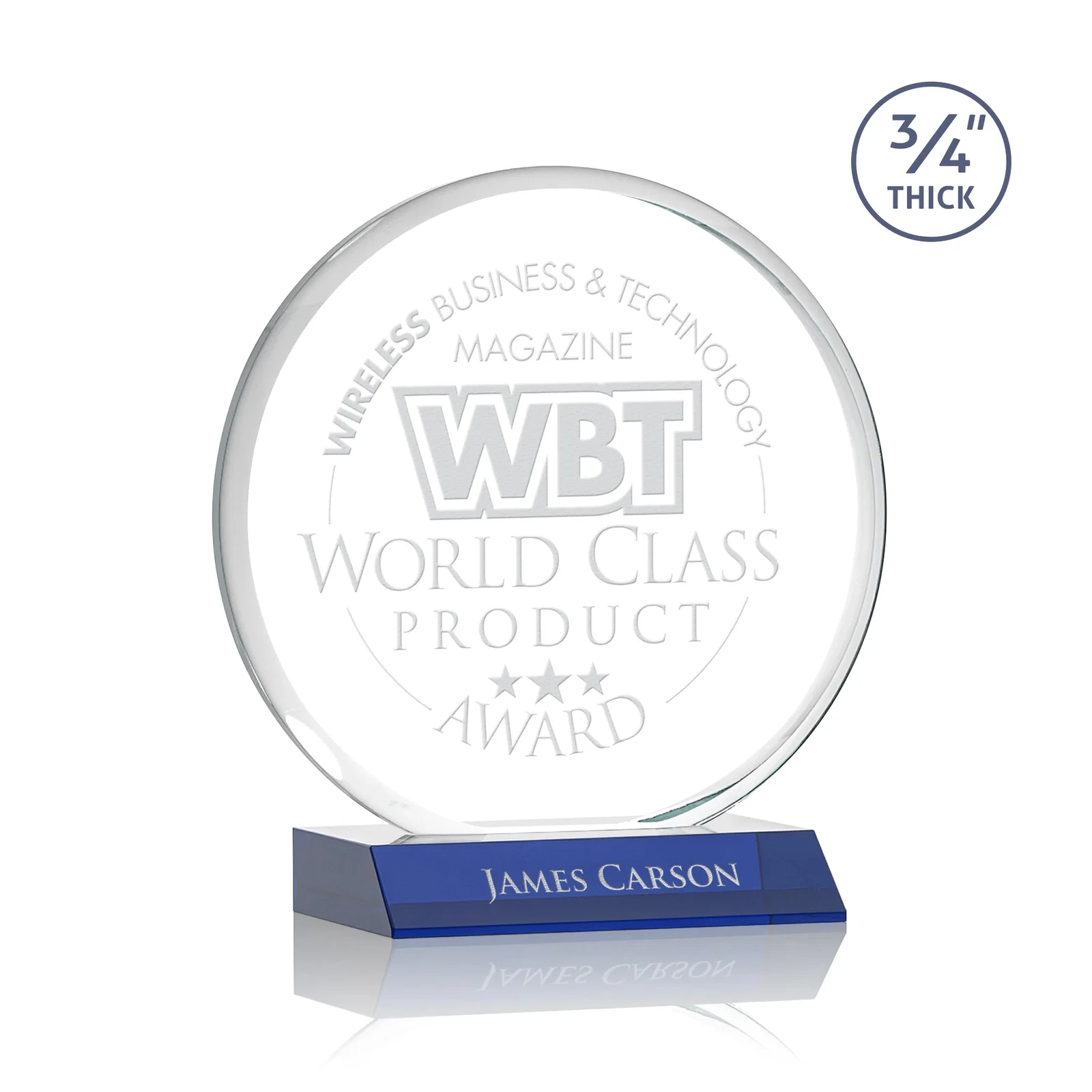 Personalized Starfire Crystal Double-Beveled Disc Award on Clear Mitered Base for team milestone celebrations