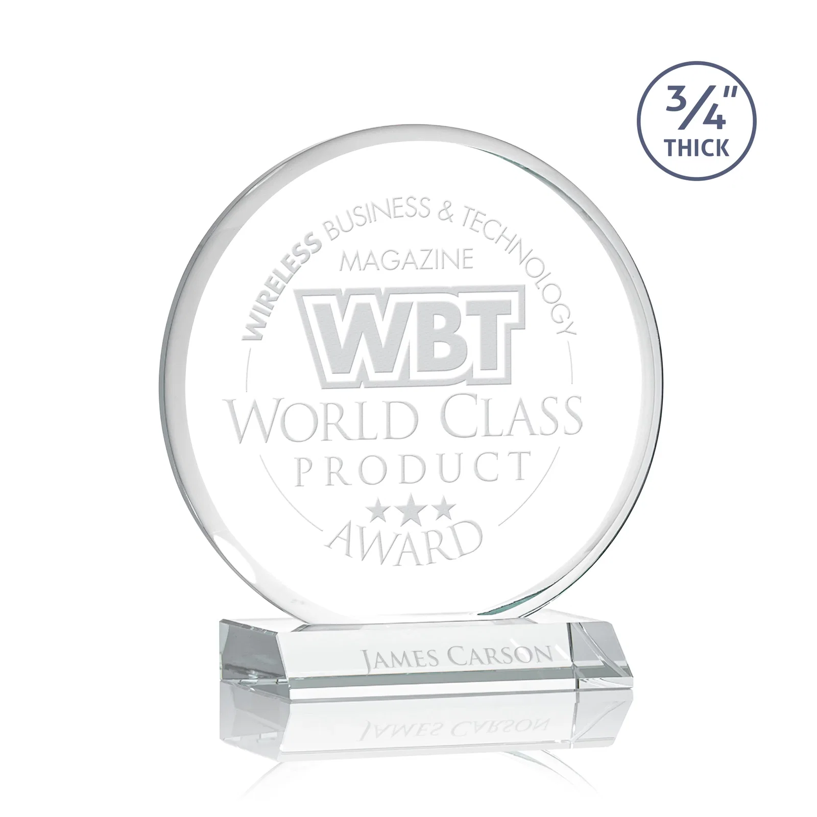 Custom Starfire Crystal Double-Beveled Disc Award on Clear Mitered Base for corporate award ceremonies