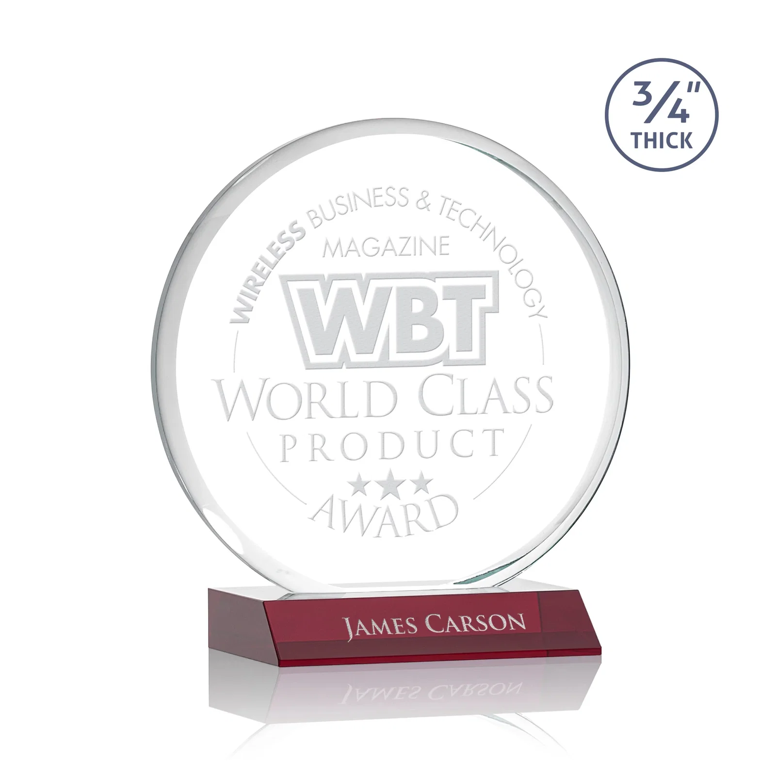 Personalized Starfire Crystal Double-Beveled Disc Award on Clear Mitered Base for volunteer appreciation