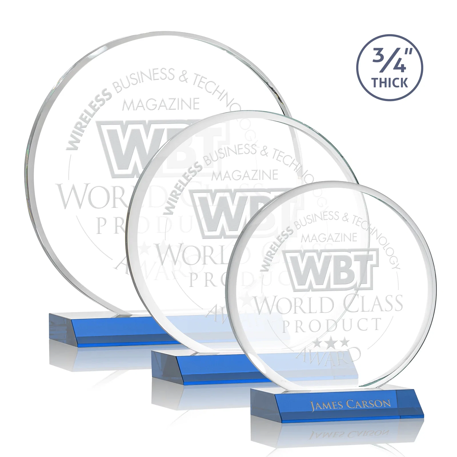 Promotional Starfire Crystal Double-Beveled Disc Award on Clear Mitered Base for employee recognition