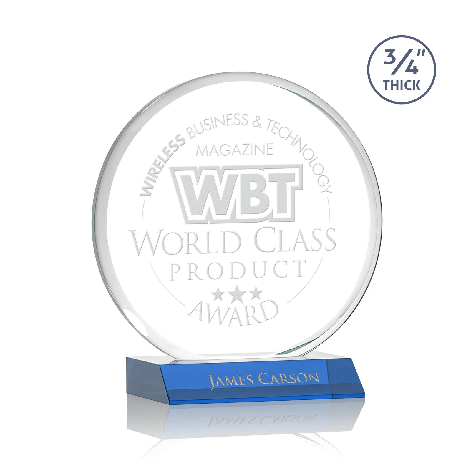 Promotional Starfire Crystal Double-Beveled Disc Award on Clear Mitered Base for corporate award ceremonies