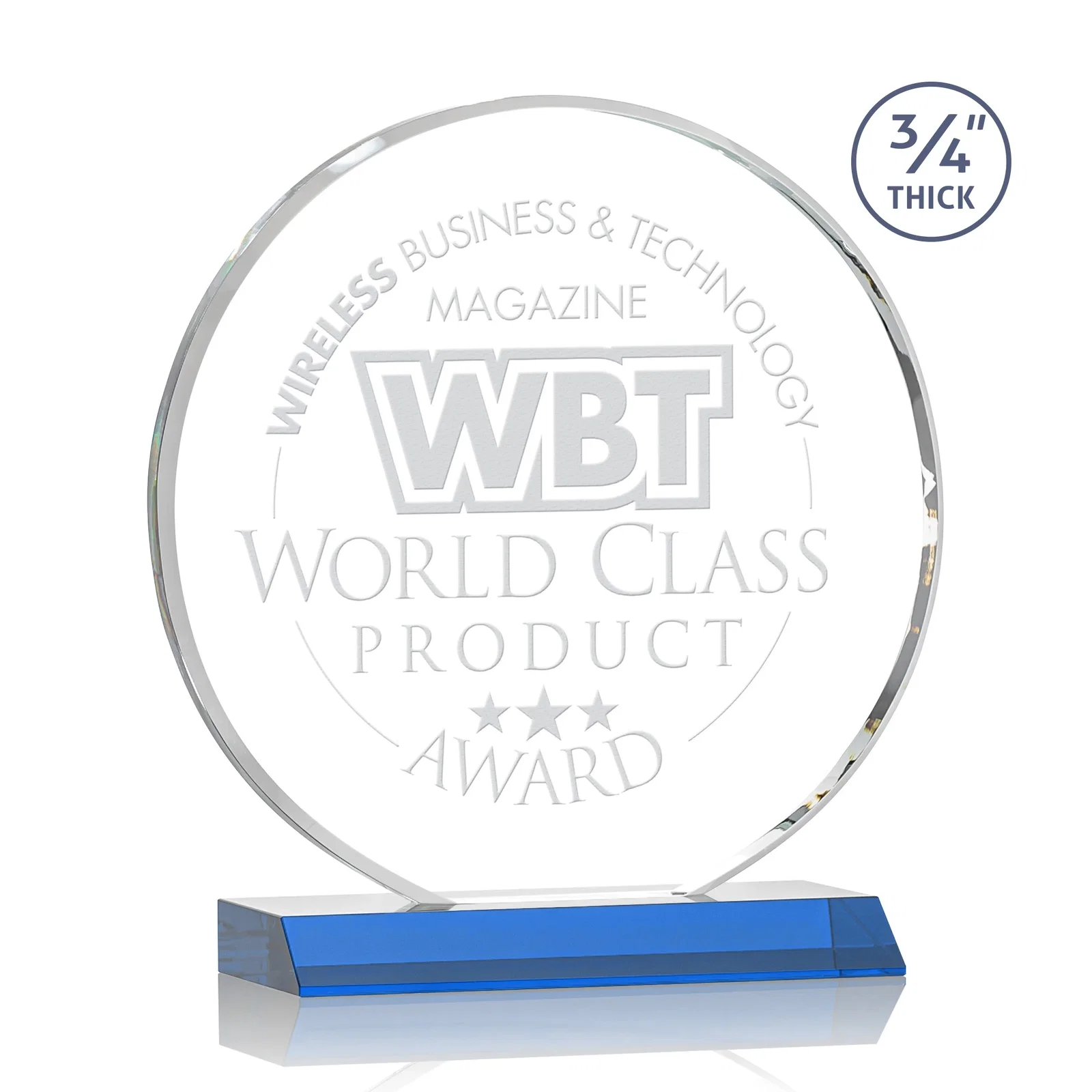Promotional Starfire Crystal Double-Beveled Disc Award on Clear Mitered Base for sales achievement awards