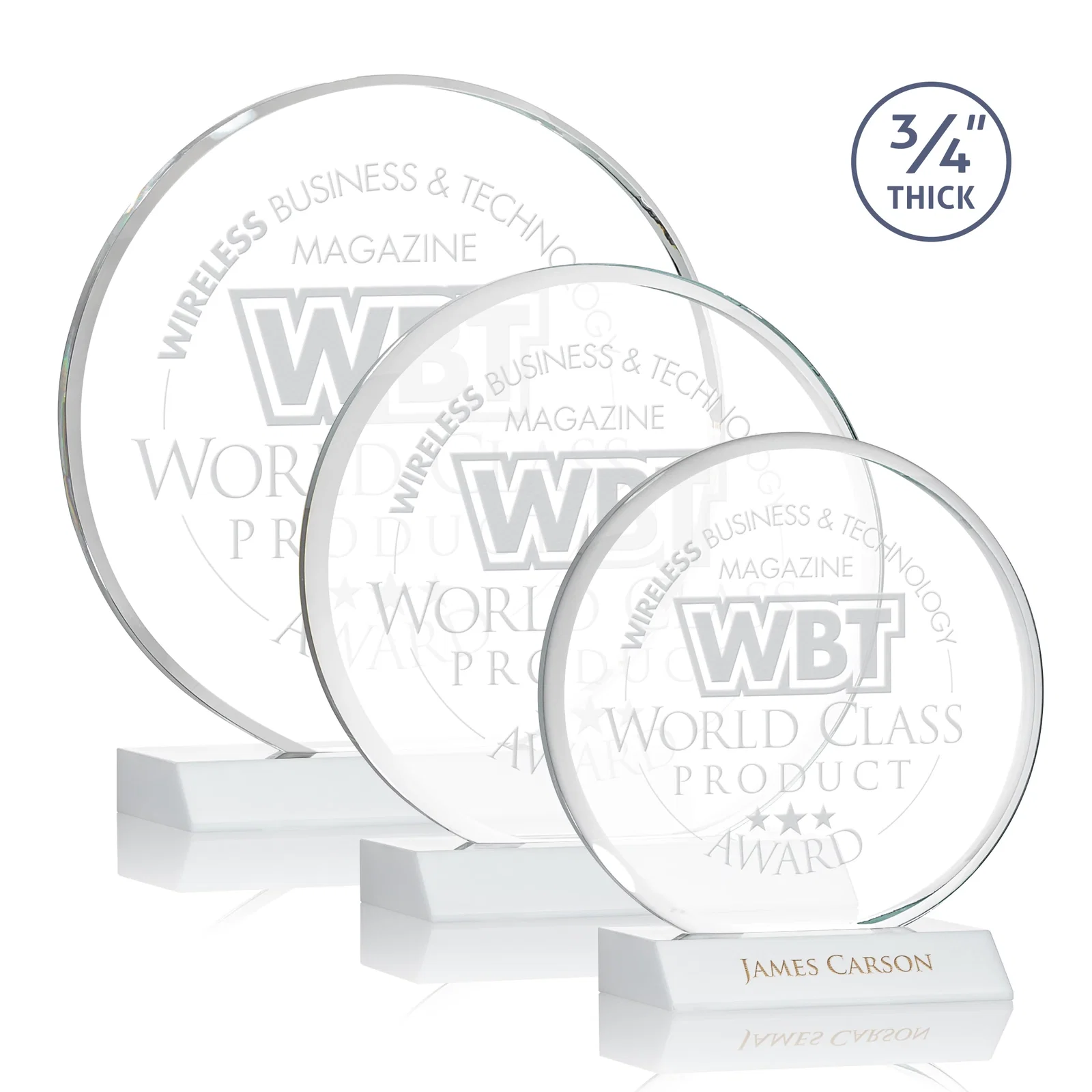 Promotional Starfire Crystal Double-Beveled Disc Award on Clear Mitered Base for retirement presentations