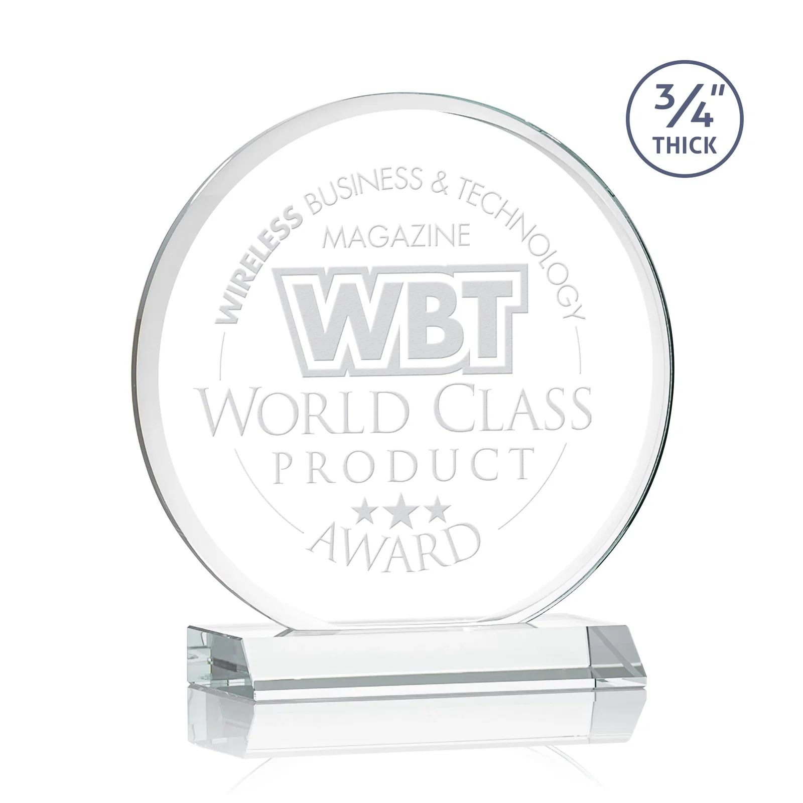 Custom Starfire Crystal Double-Beveled Disc Award on Clear Mitered Base for service anniversary gifts