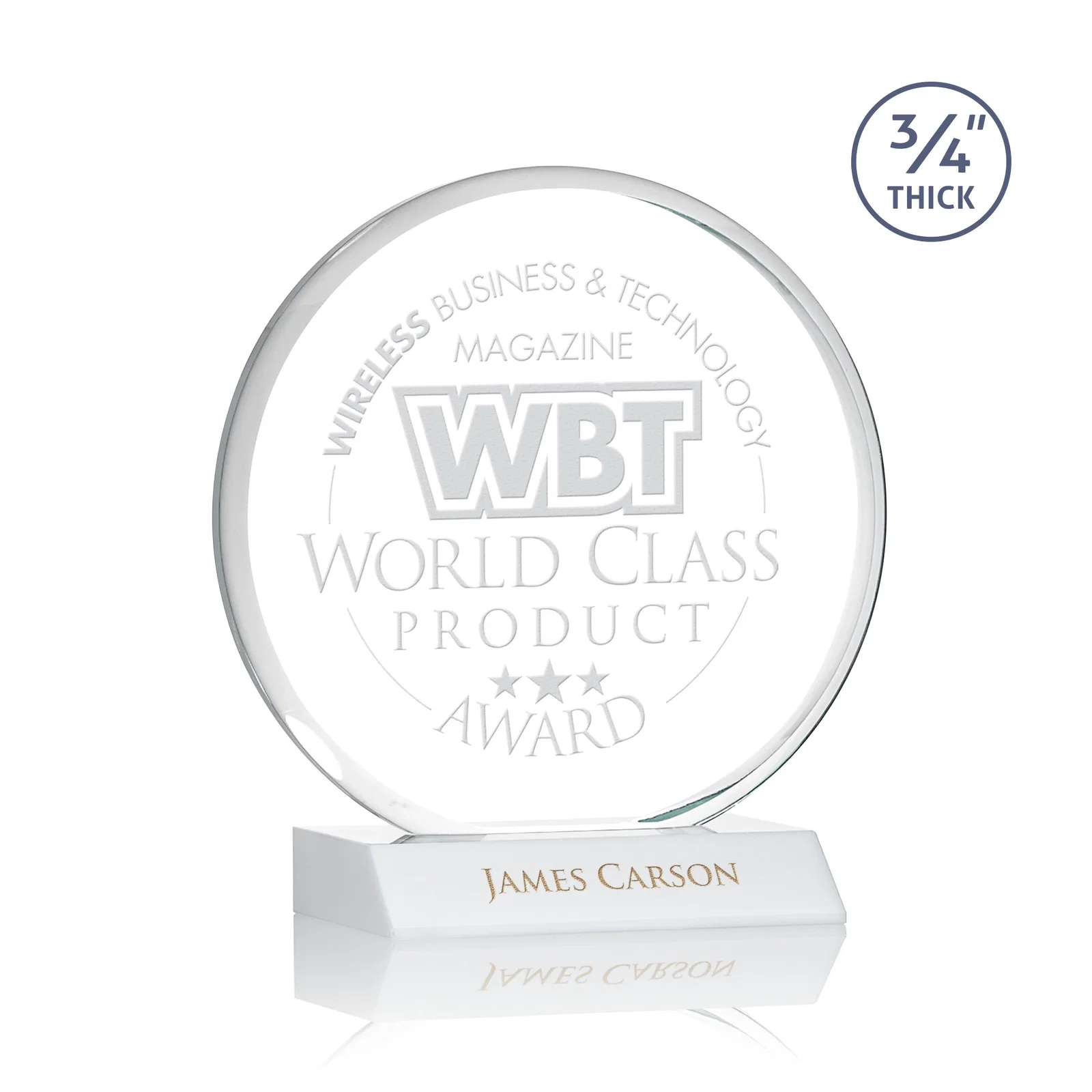 Promotional Starfire Crystal Double-Beveled Disc Award on Clear Mitered Base for team milestone celebrations