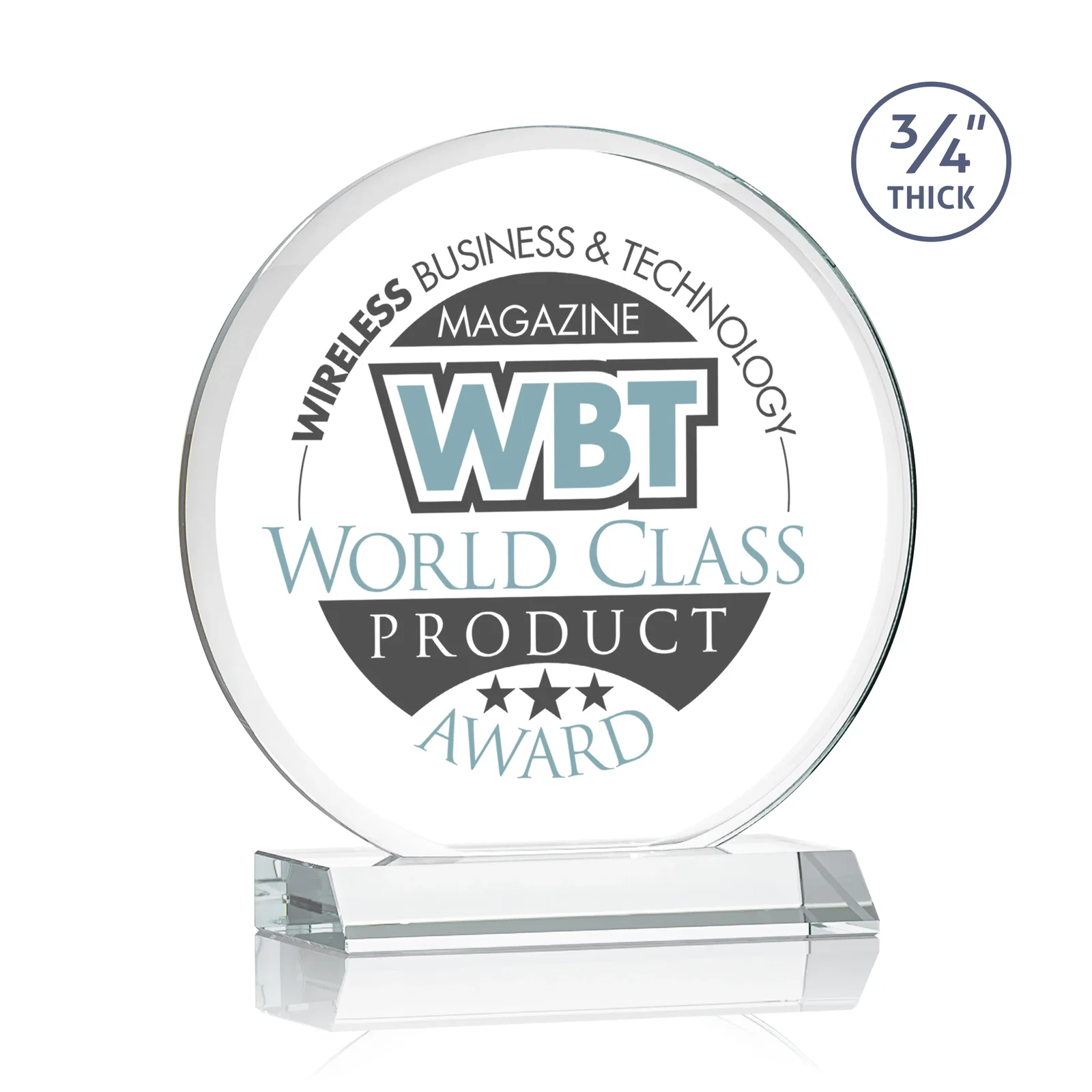 Promotional Starfire Crystal Double-Beveled Disc Award on Clear Mitered Base for dealer and partner awards