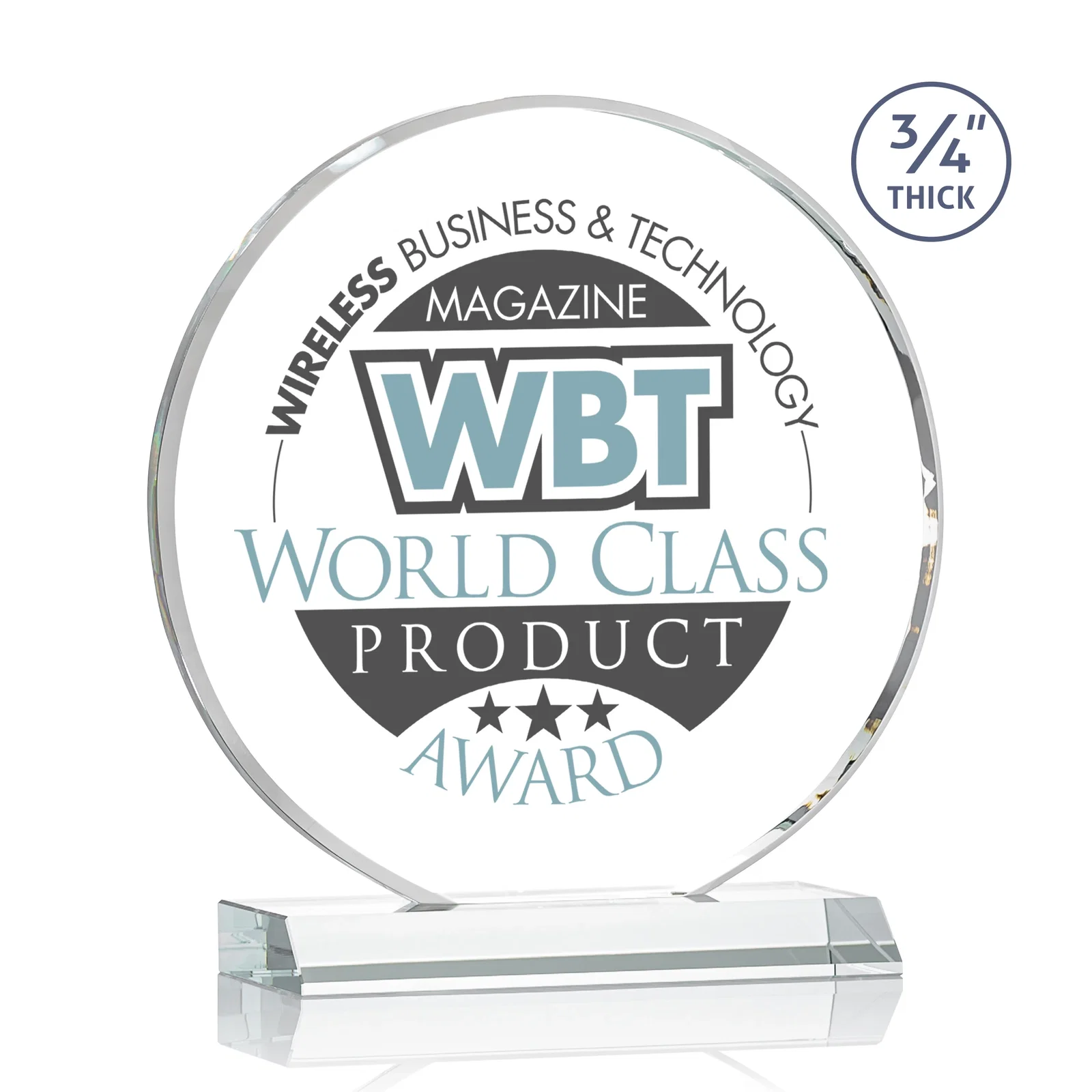 Promotional Starfire Crystal Double-Beveled Disc Award on Clear Mitered Base for company anniversary events