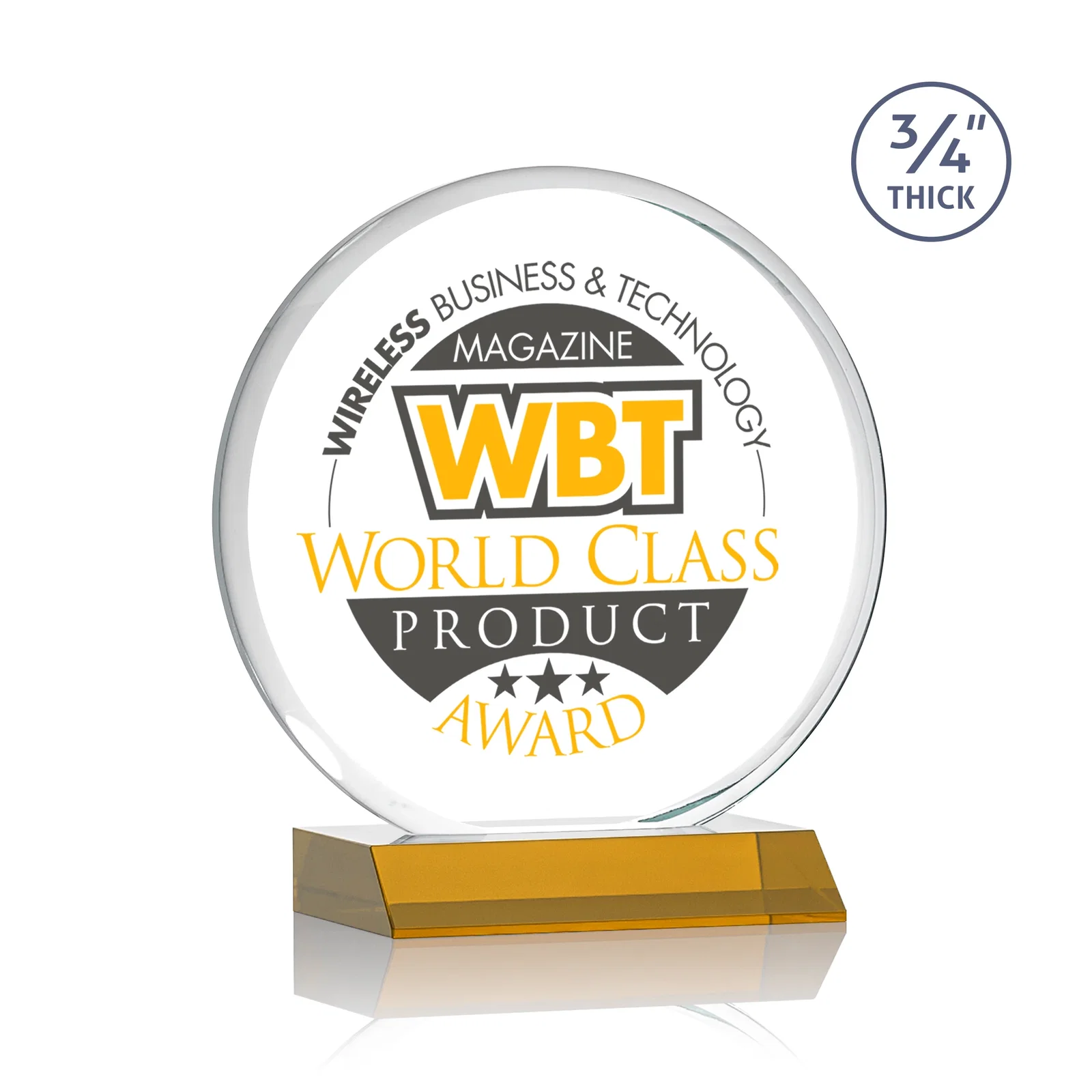 Branded Starfire Crystal Double-Beveled Disc Award on Clear Mitered Base for corporate award ceremonies