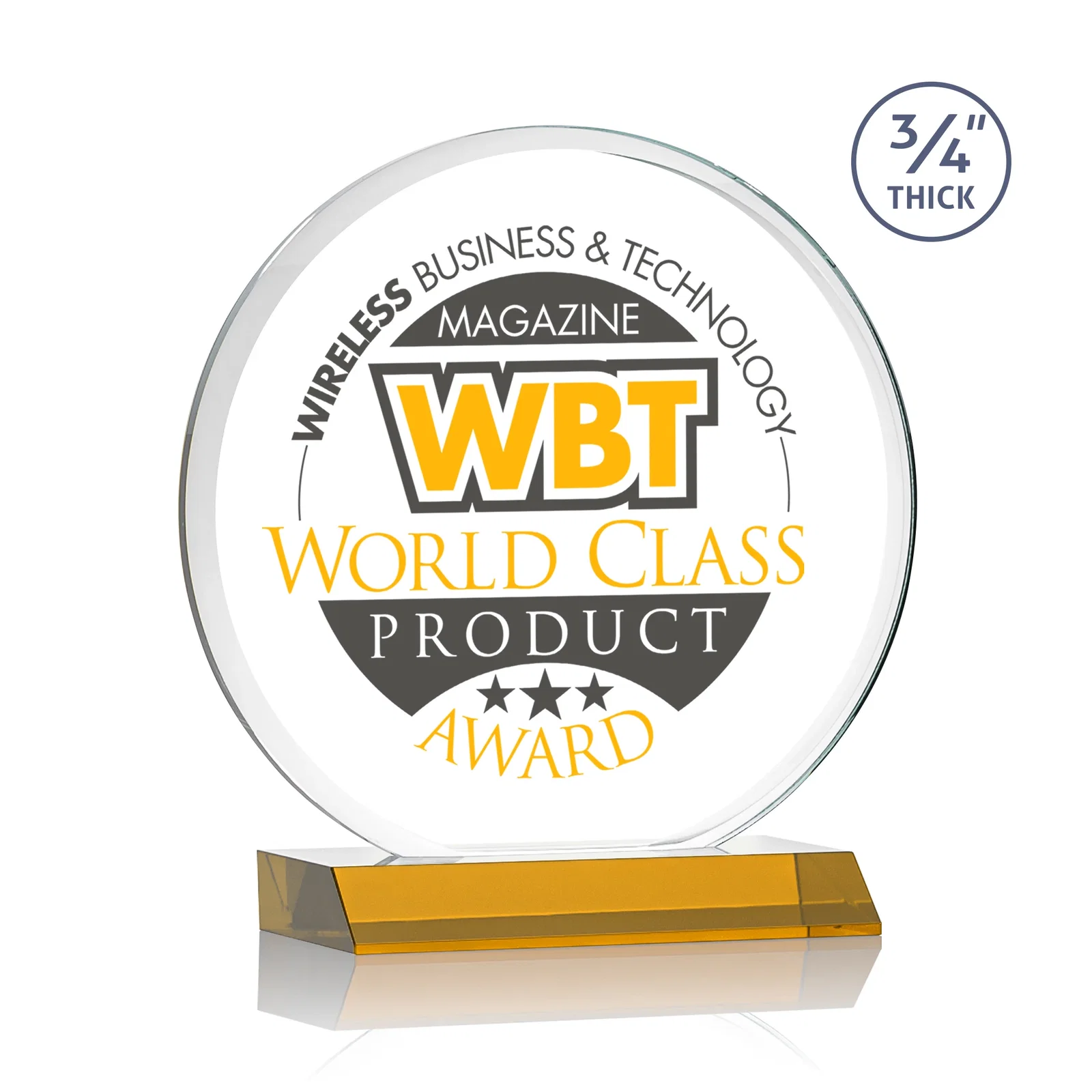 Branded Starfire Crystal Double-Beveled Disc Award on Clear Mitered Base for service anniversary gifts