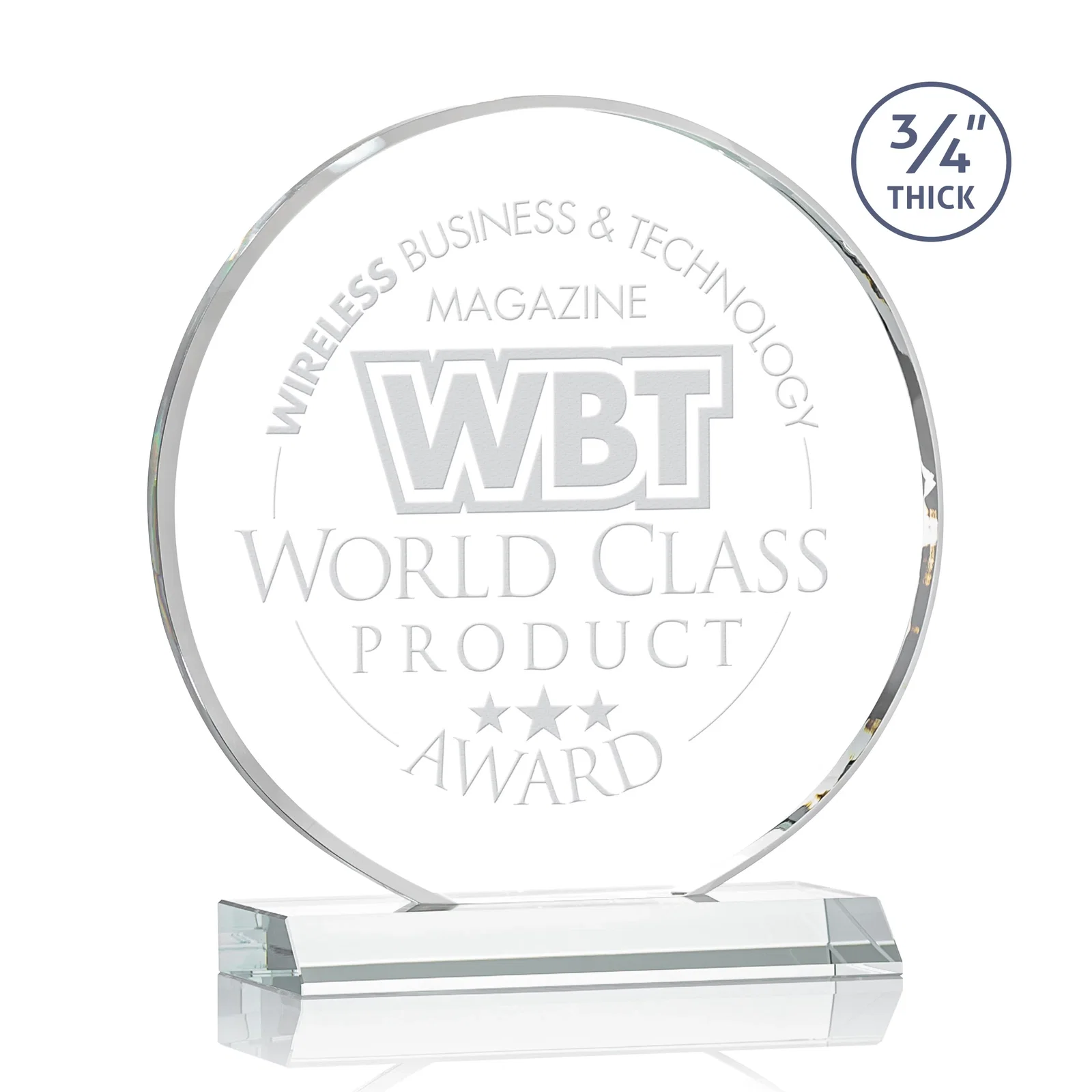 Custom Starfire Crystal Double-Beveled Disc Award on Clear Mitered Base for sales achievement awards