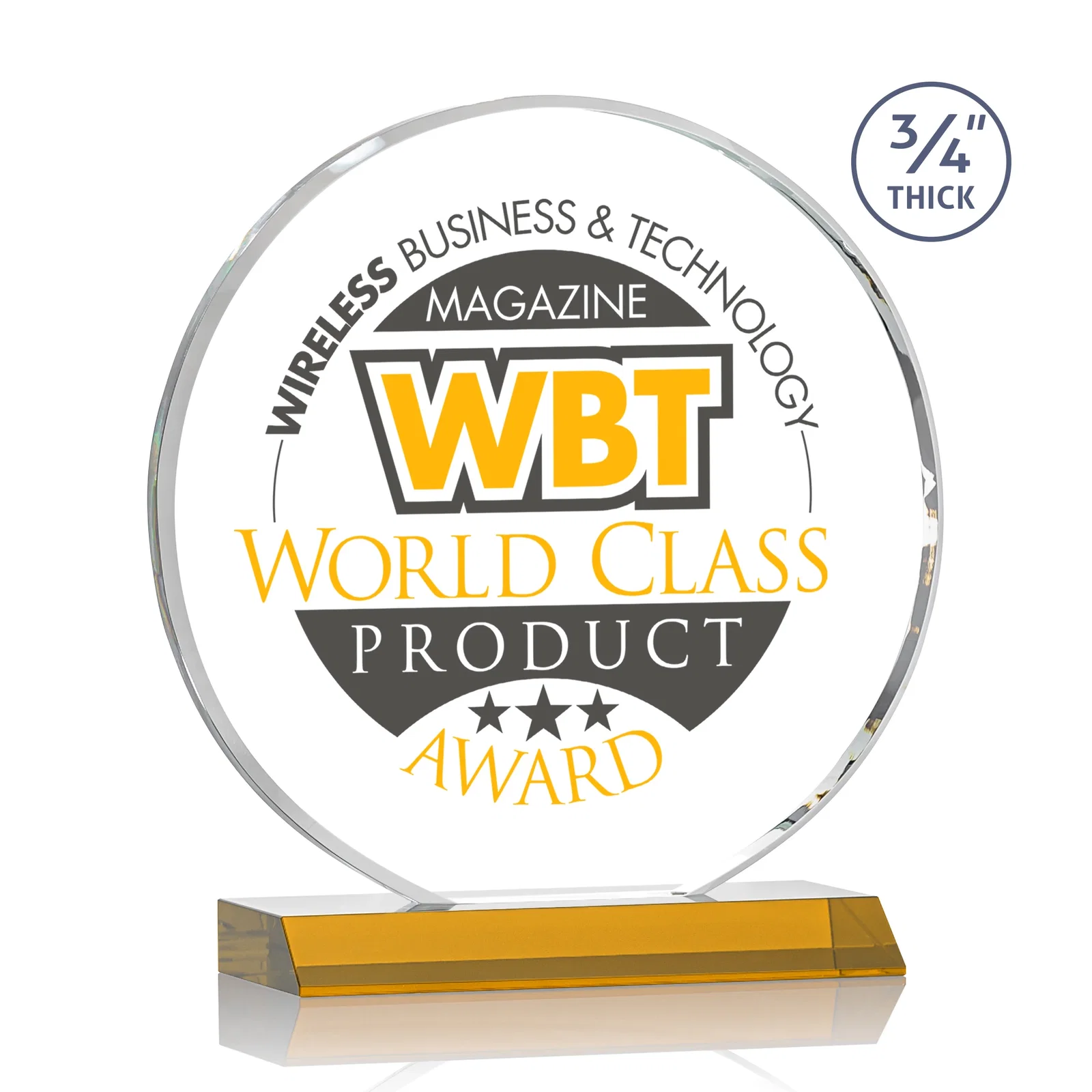 Branded Starfire Crystal Double-Beveled Disc Award on Clear Mitered Base for sales achievement awards
