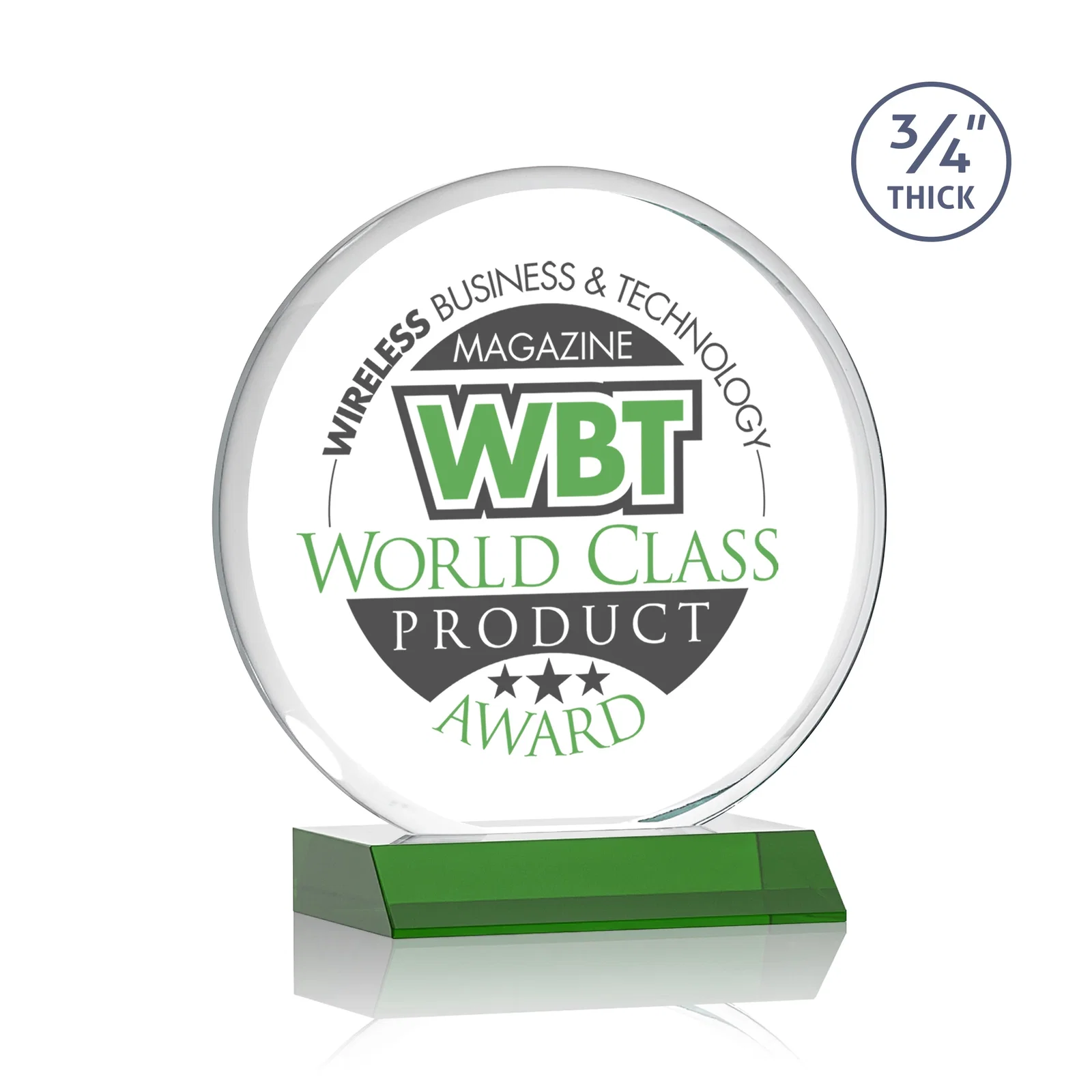 Branded Starfire Crystal Double-Beveled Disc Award on Clear Mitered Base for team milestone celebrations