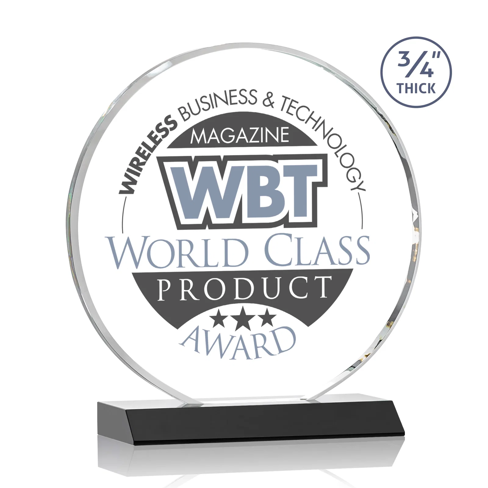 Branded Starfire Crystal Double-Beveled Disc Award on Clear Mitered Base for company anniversary events