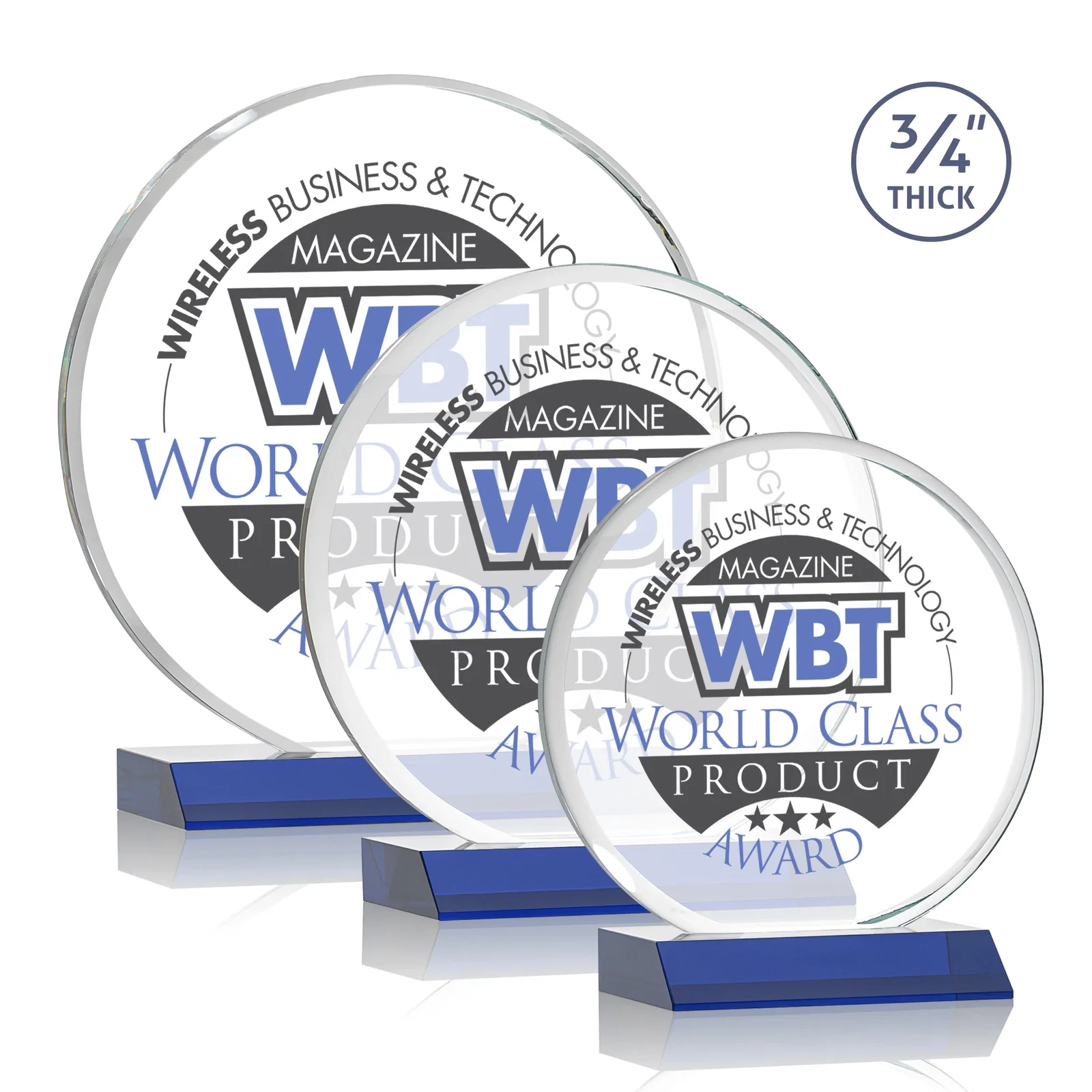 Custom printed Starfire Crystal Double-Beveled Disc Award on Clear Mitered Base for employee recognition