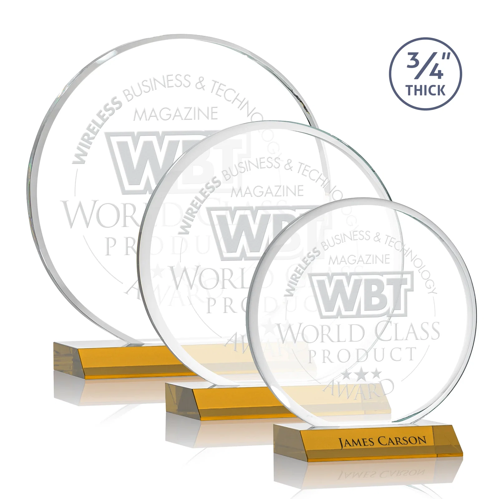Custom Starfire Crystal Double-Beveled Disc Award on Clear Mitered Base for retirement presentations
