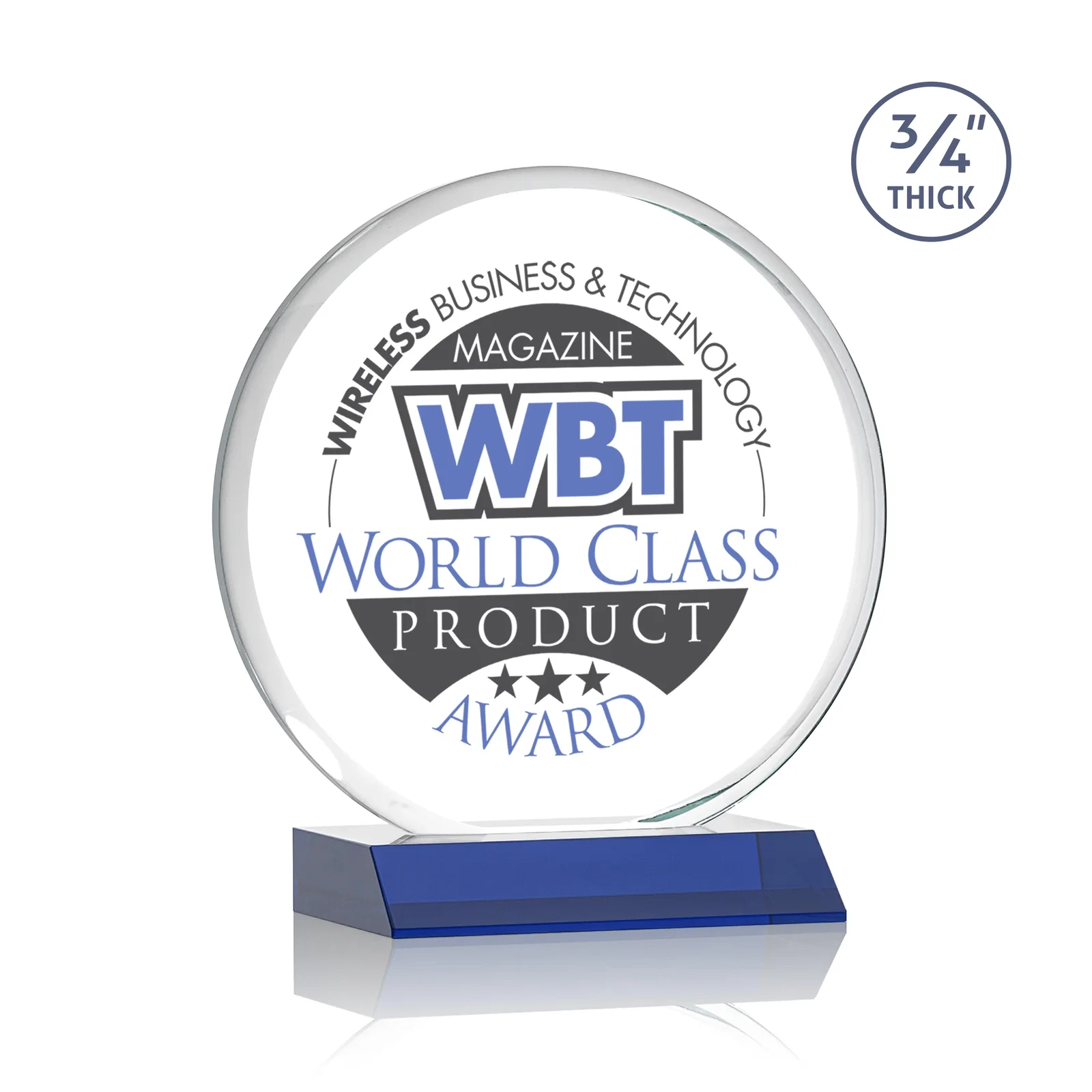 Custom printed Starfire Crystal Double-Beveled Disc Award on Clear Mitered Base for corporate award ceremonies