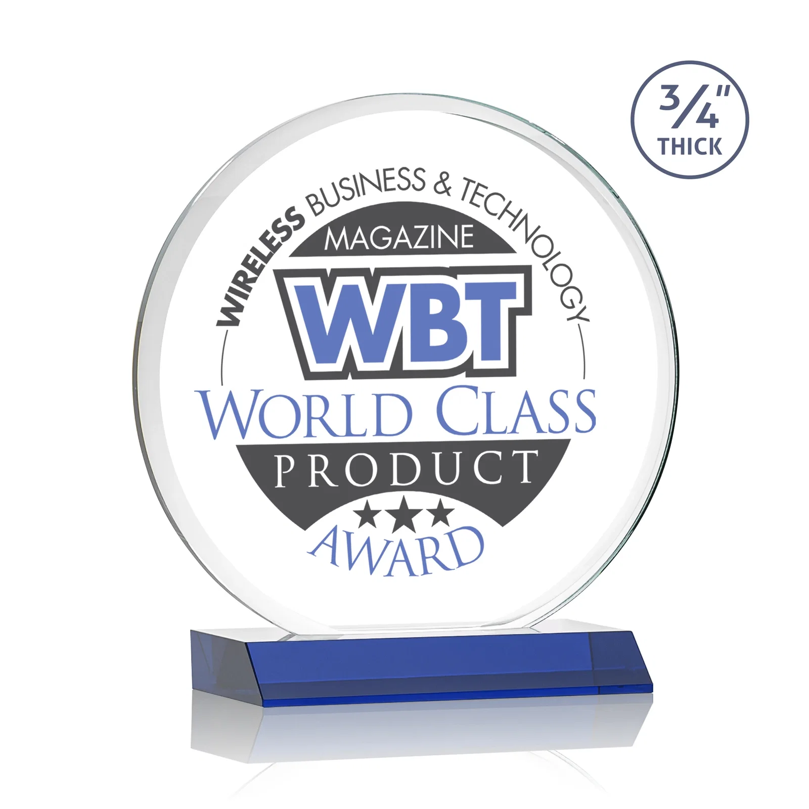 Custom printed Starfire Crystal Double-Beveled Disc Award on Clear Mitered Base for service anniversary gifts