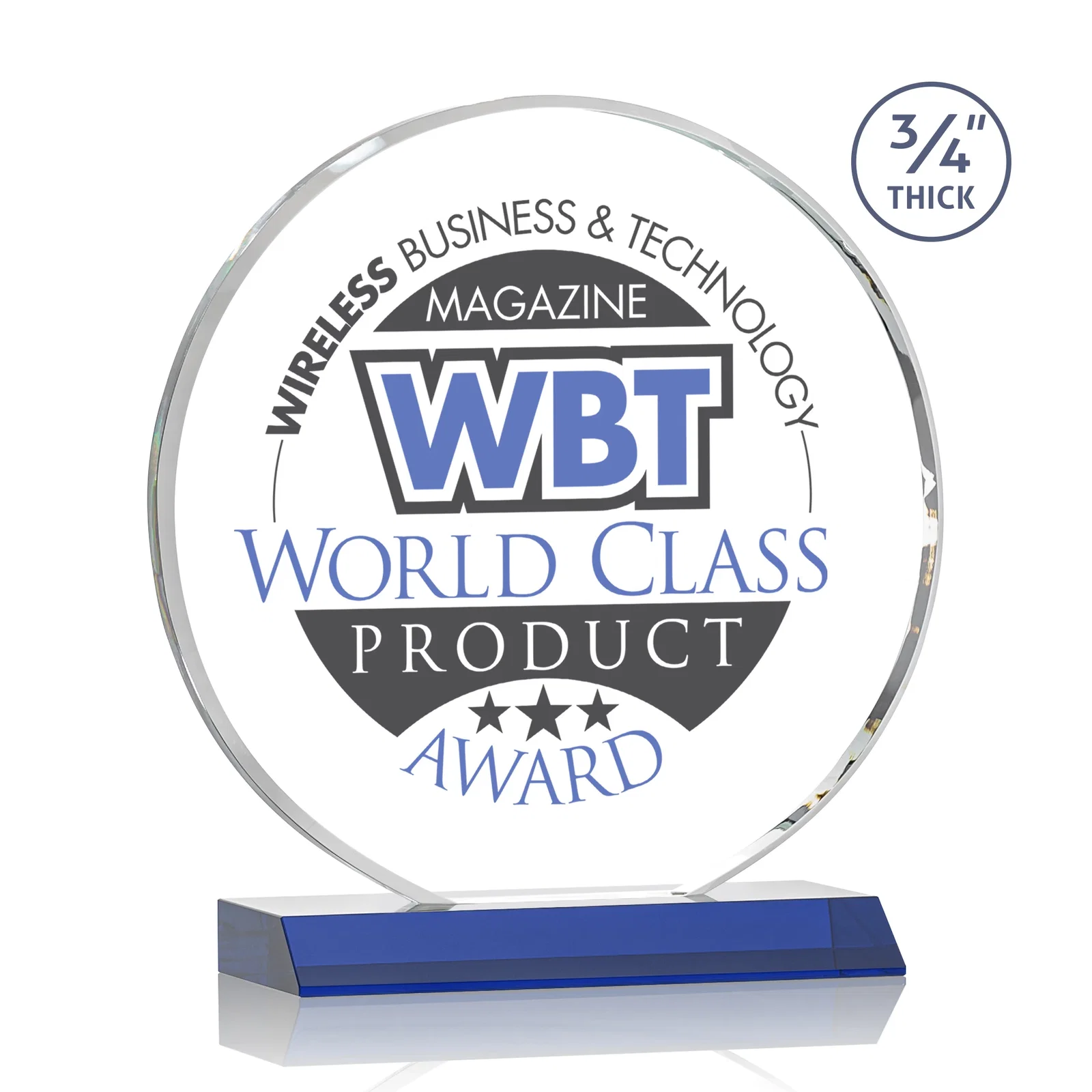 Custom printed Starfire Crystal Double-Beveled Disc Award on Clear Mitered Base for sales achievement awards