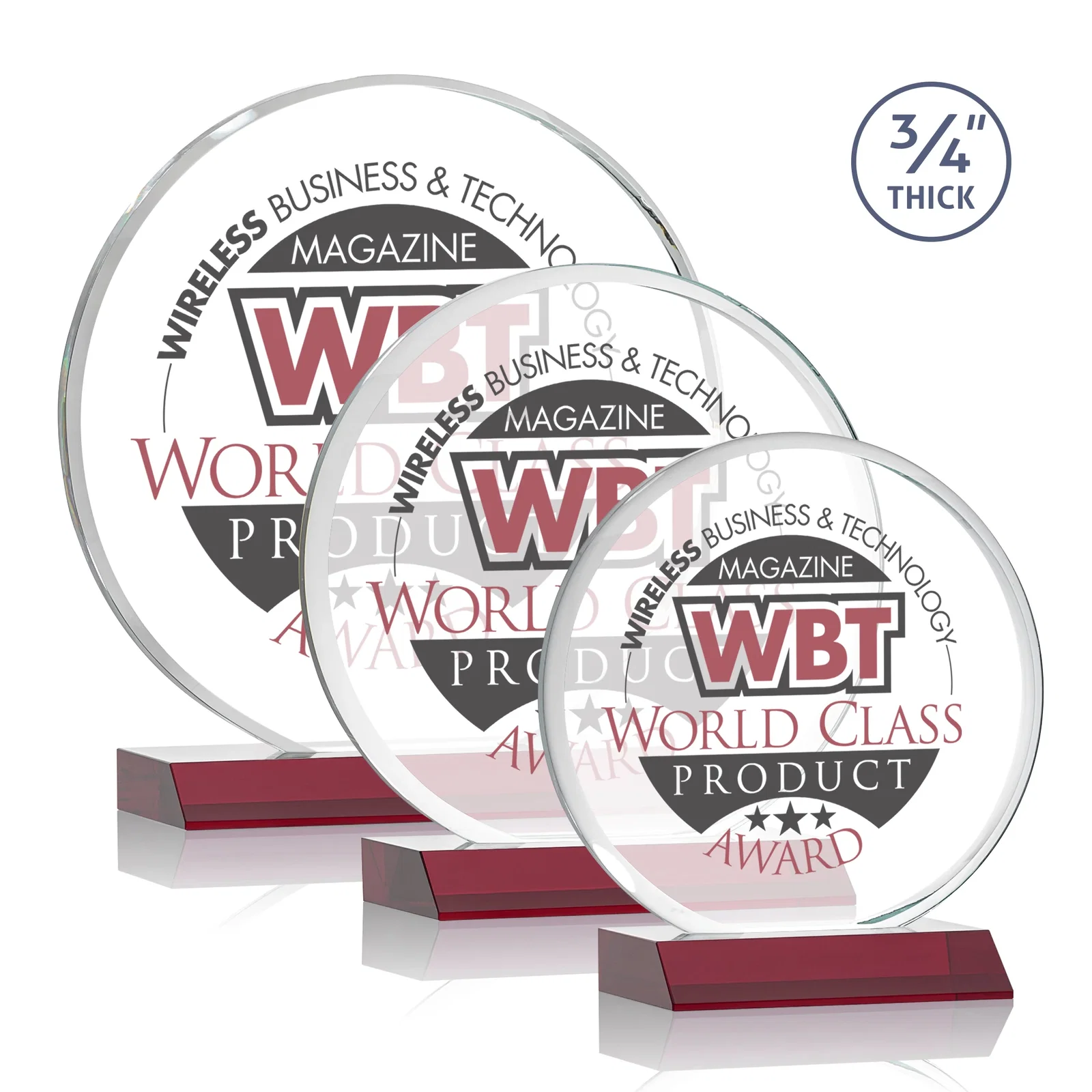 Custom printed Starfire Crystal Double-Beveled Disc Award on Clear Mitered Base for retirement presentations