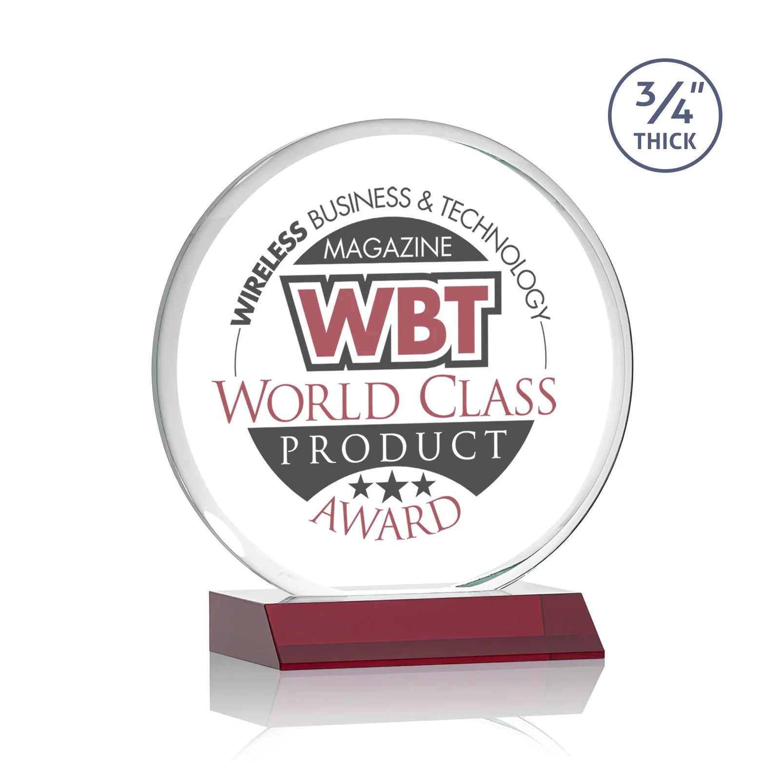 Custom printed Starfire Crystal Double-Beveled Disc Award on Clear Mitered Base for team milestone celebrations