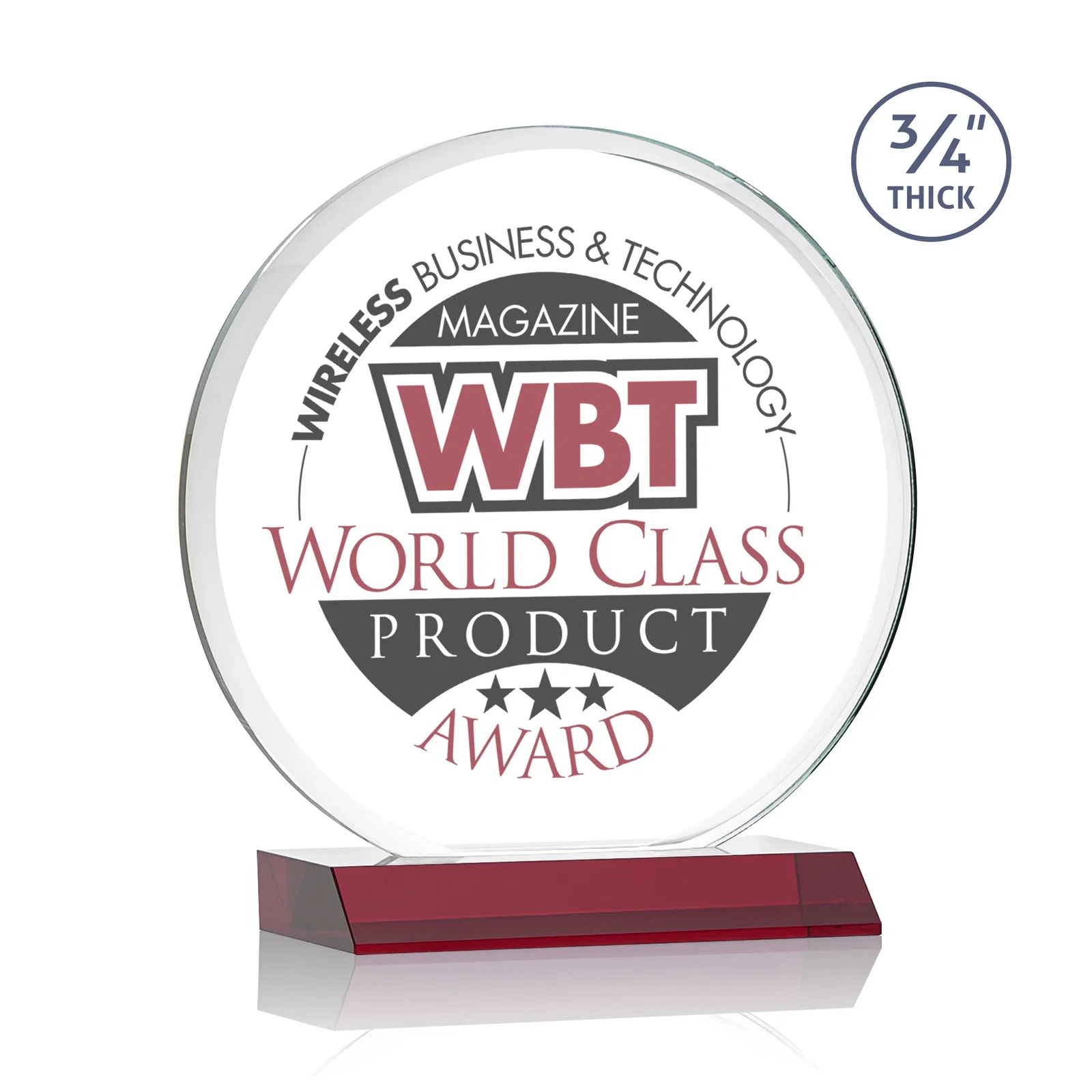 Custom printed Starfire Crystal Double-Beveled Disc Award on Clear Mitered Base for donor appreciation