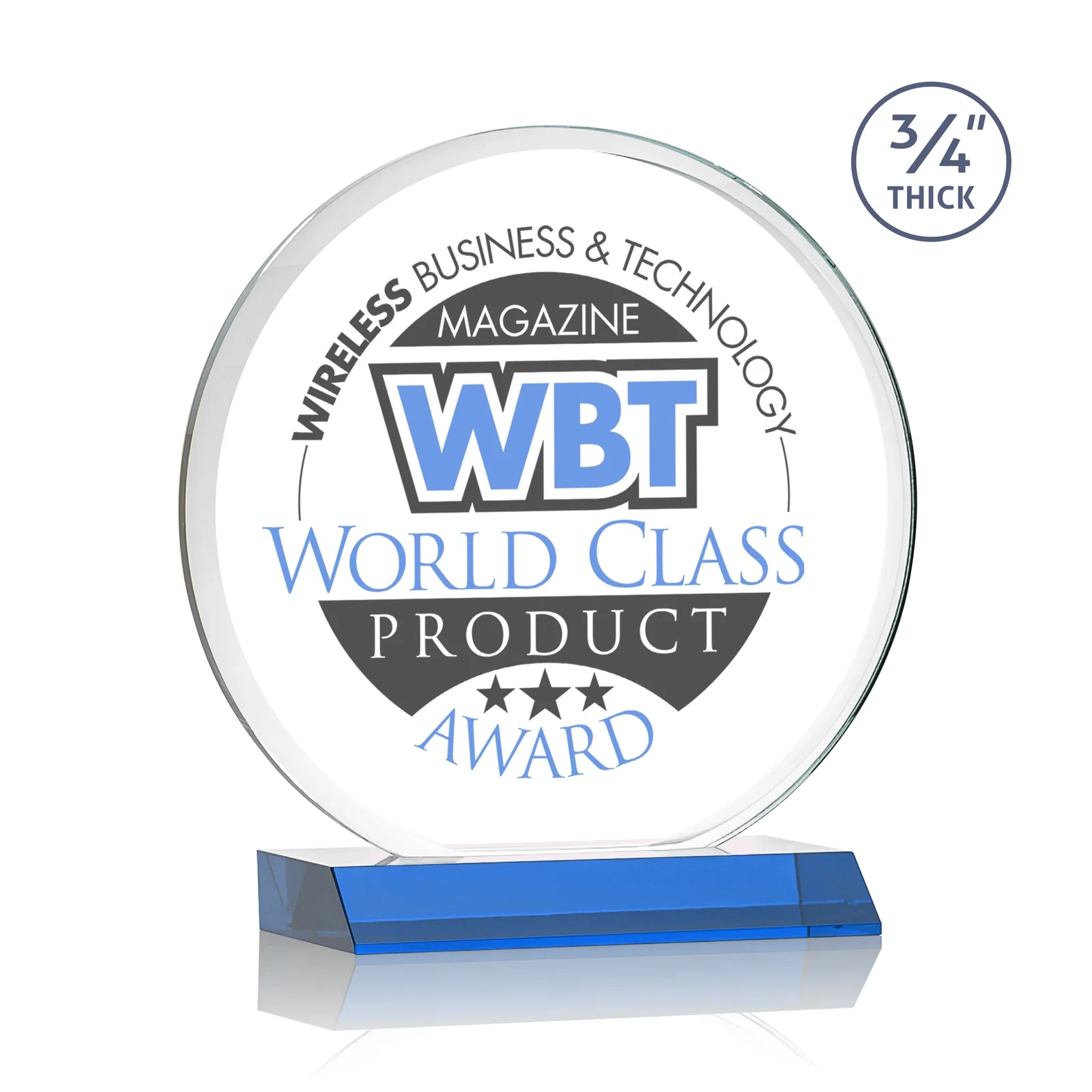 Custom printed Starfire Crystal Double-Beveled Disc Award on Clear Mitered Base for dealer and partner awards
