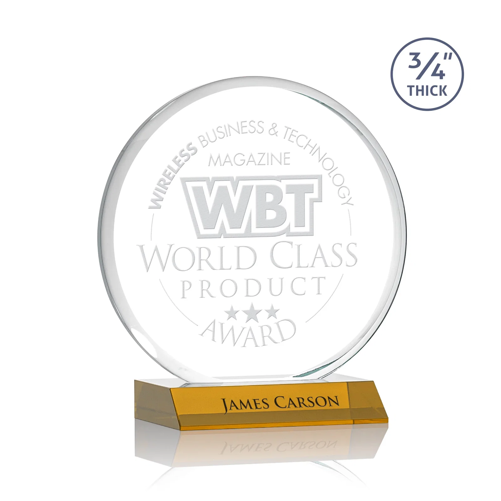 Custom Starfire Crystal Double-Beveled Disc Award on Clear Mitered Base for team milestone celebrations