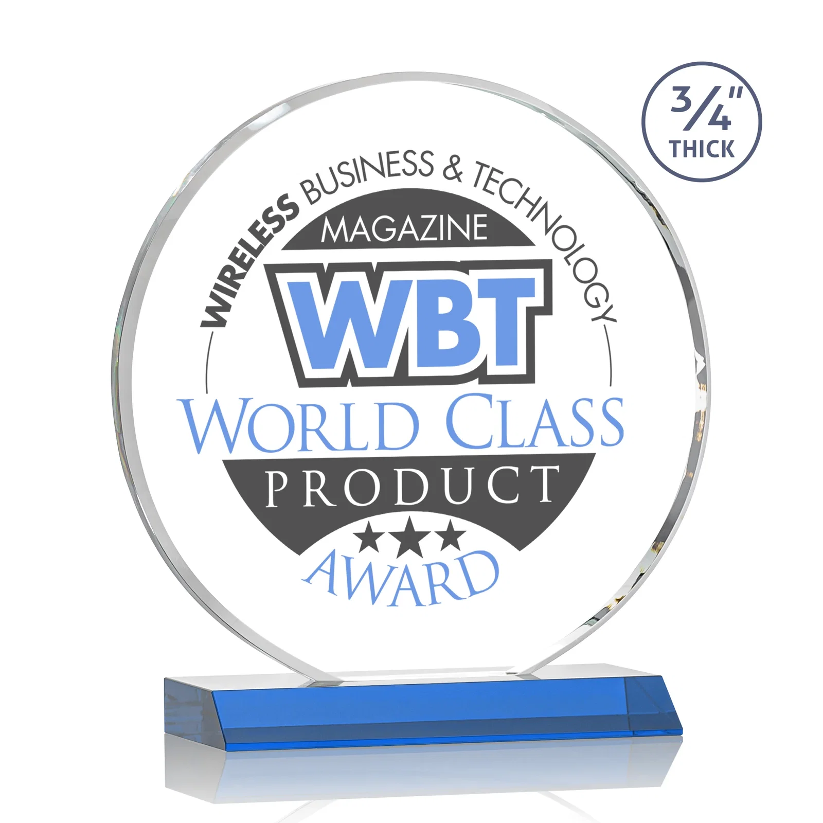Custom printed Starfire Crystal Double-Beveled Disc Award on Clear Mitered Base for company anniversary events
