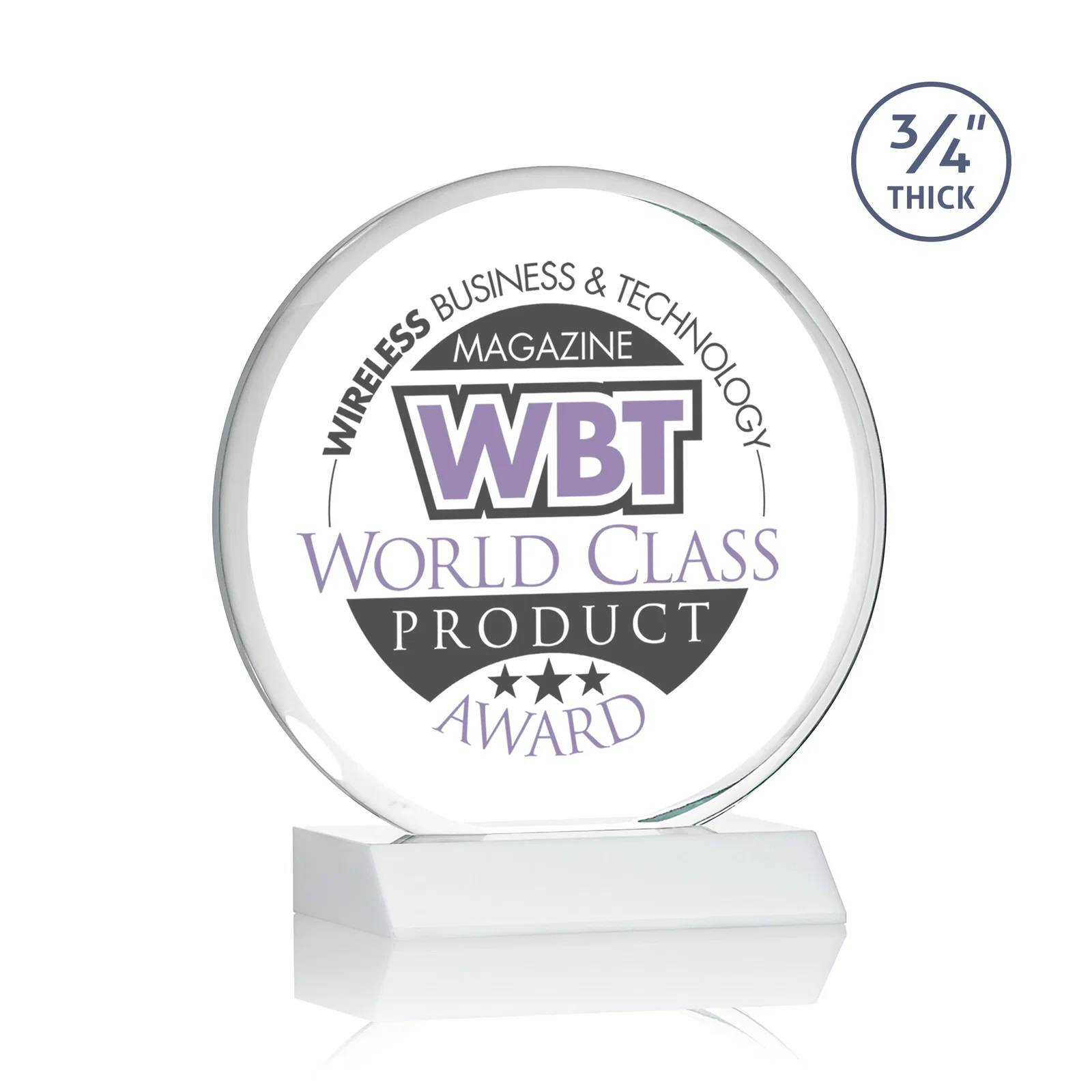 Customized Starfire Crystal Double-Beveled Disc Award on Clear Mitered Base for corporate award ceremonies