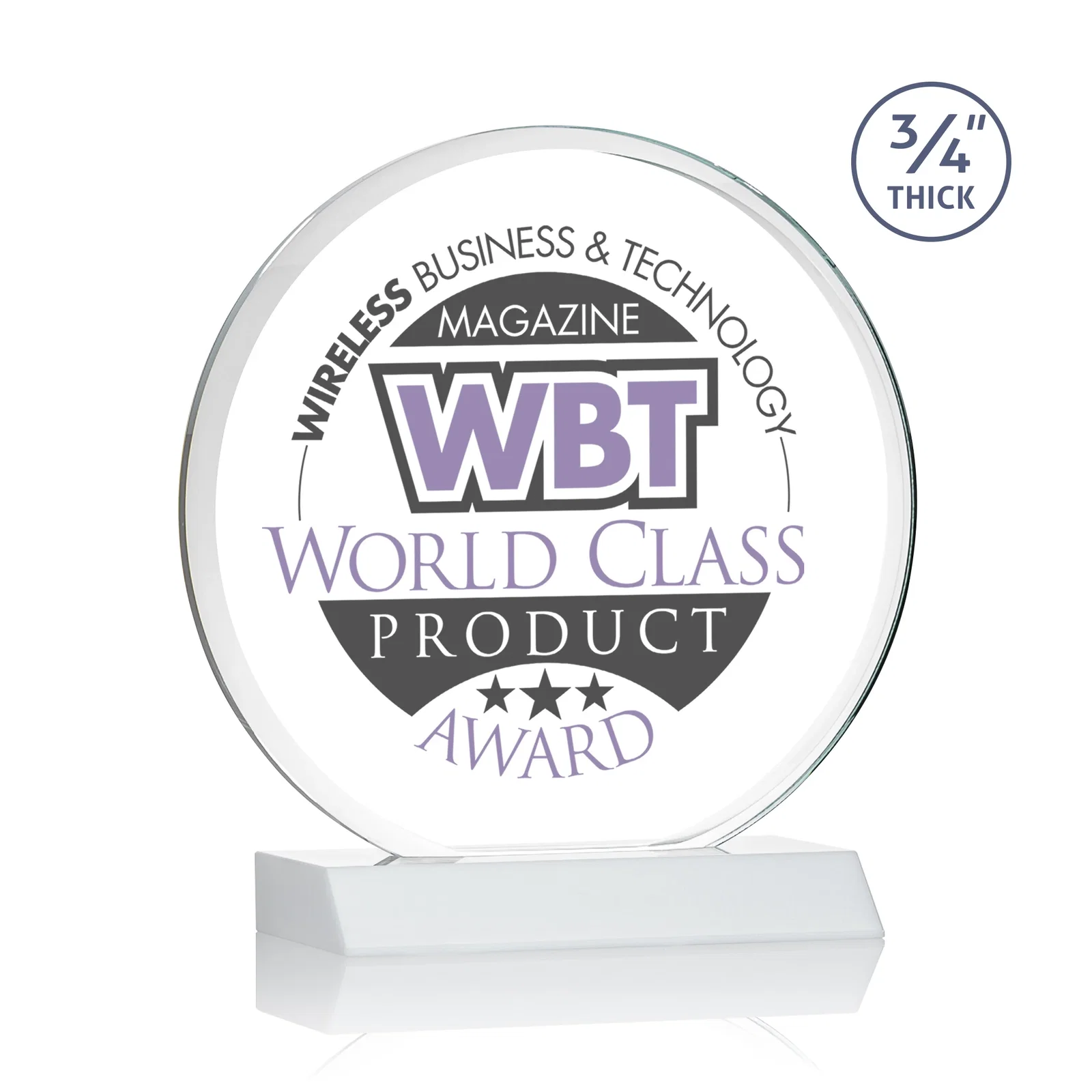 Customized Starfire Crystal Double-Beveled Disc Award on Clear Mitered Base for service anniversary gifts