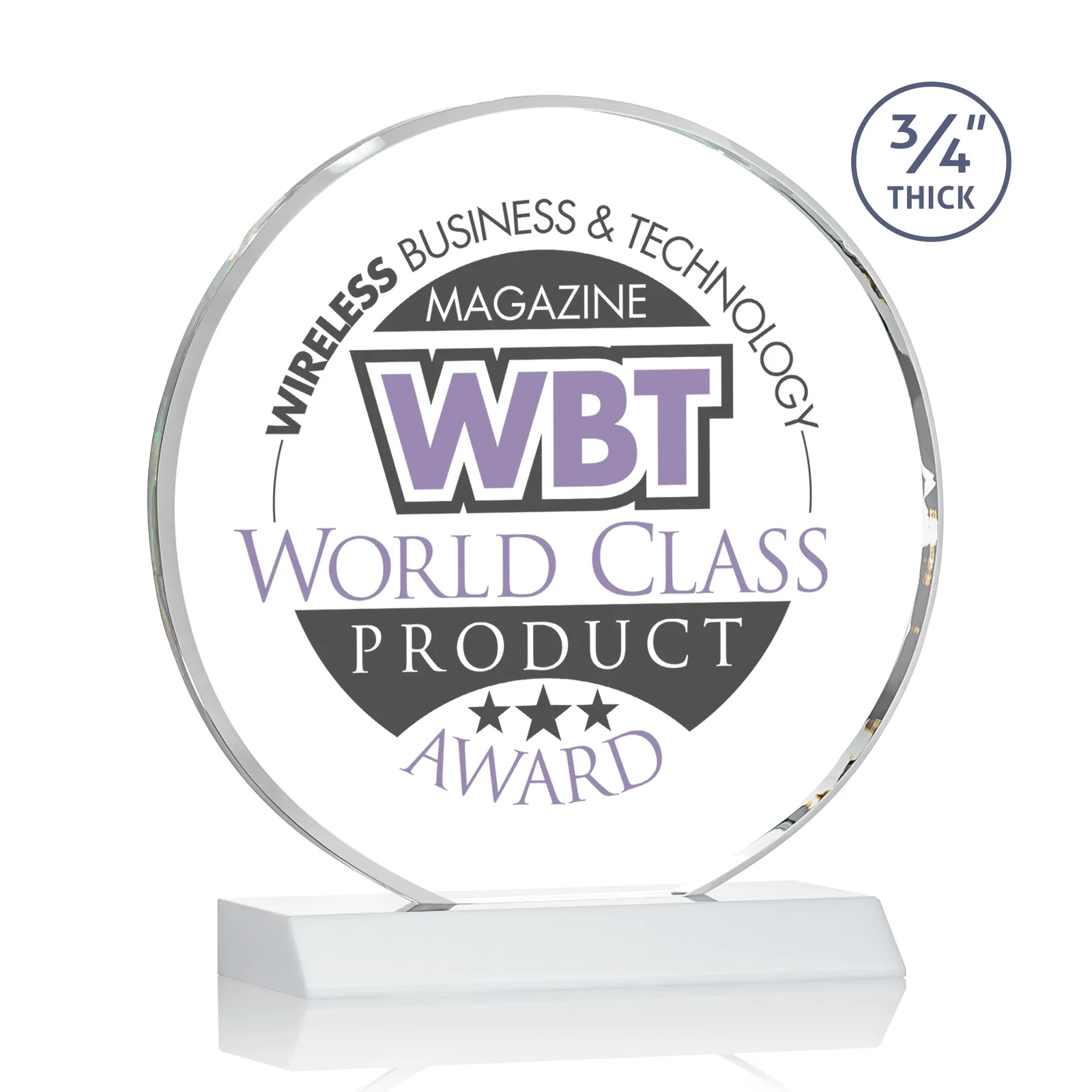 Customized Starfire Crystal Double-Beveled Disc Award on Clear Mitered Base for sales achievement awards
