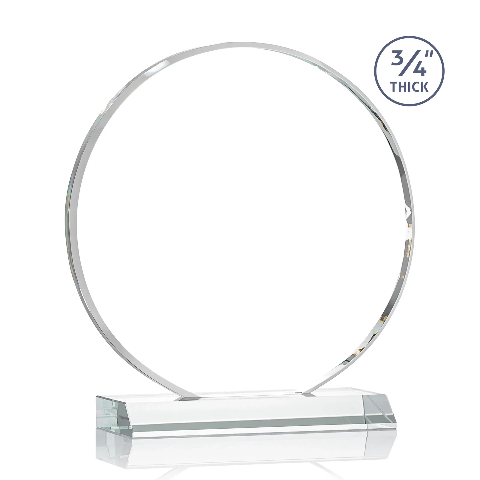 Customized Starfire Crystal Double-Beveled Disc Award on Clear Mitered Base for team milestone celebrations