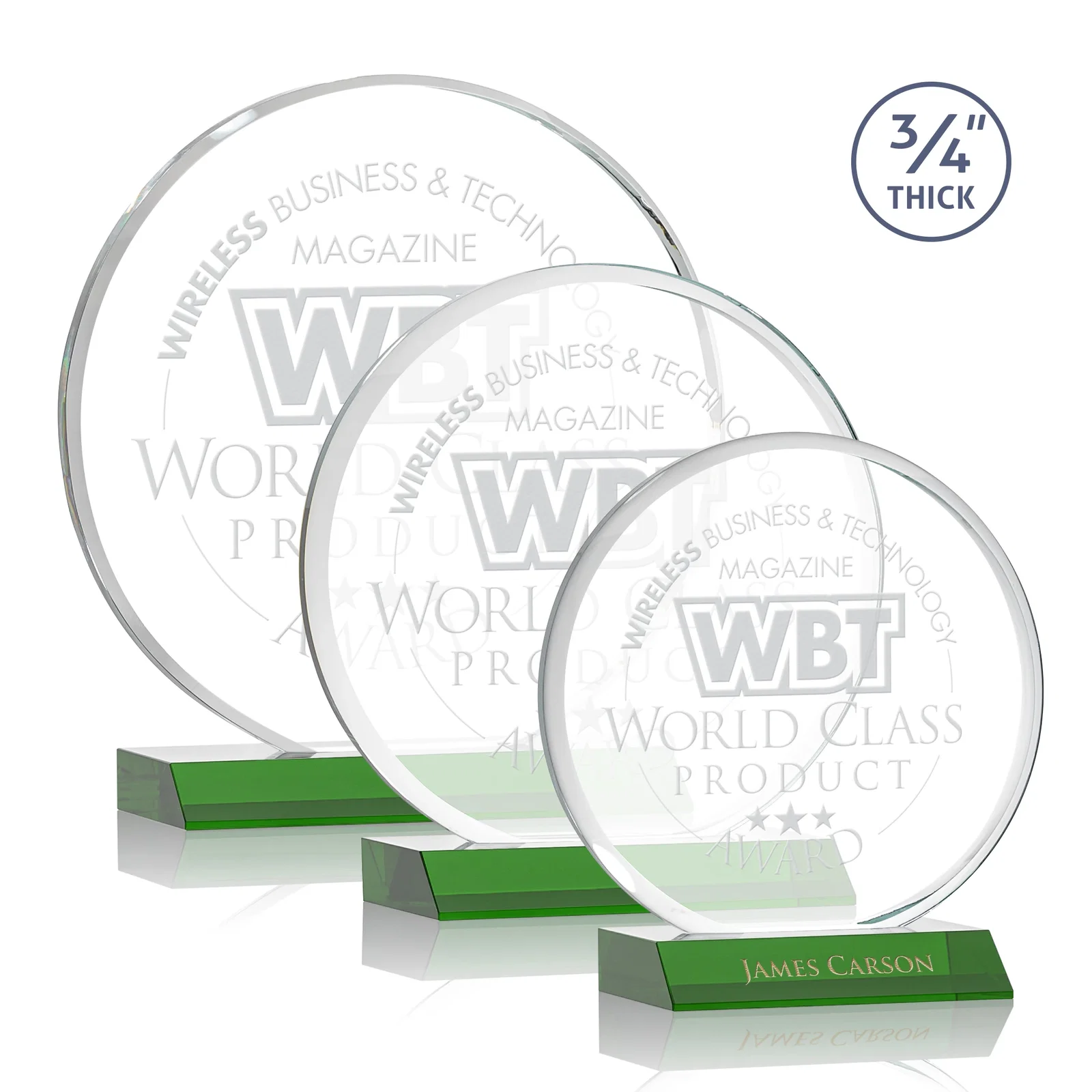 Custom Starfire Crystal Double-Beveled Disc Award on Clear Mitered Base for safety achievement programs