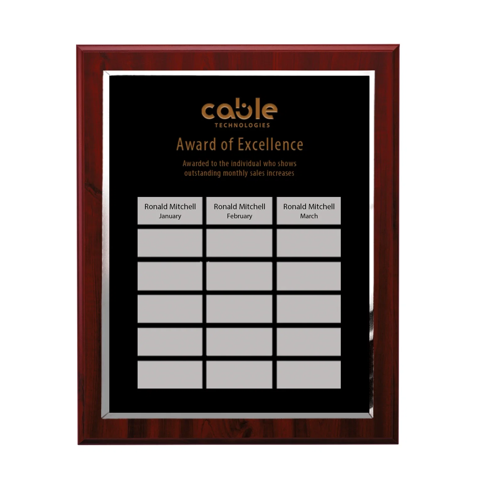 Custom Black Mirror Perpetual Plaque With Etched Sublimation Markers for corporate award ceremonies