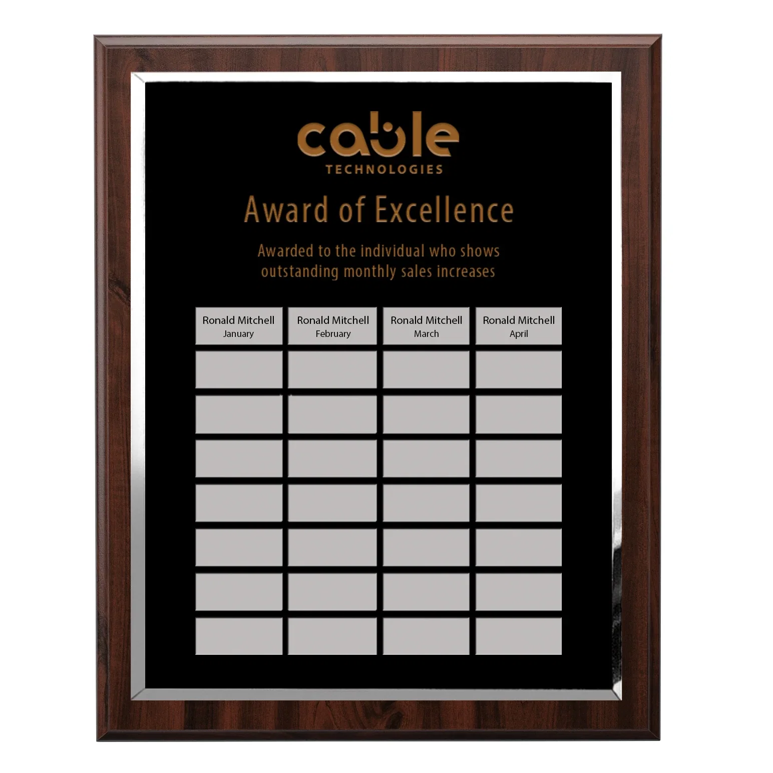 Custom Black Mirror Perpetual Plaque With Etched Sublimation Markers for sales achievement awards