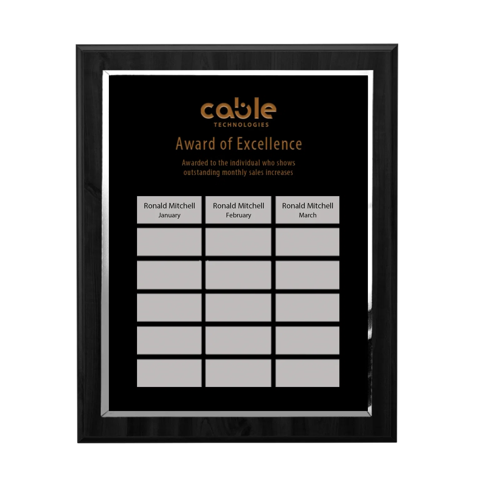 Custom Black Mirror Perpetual Plaque With Etched Sublimation Markers for team milestone celebrations