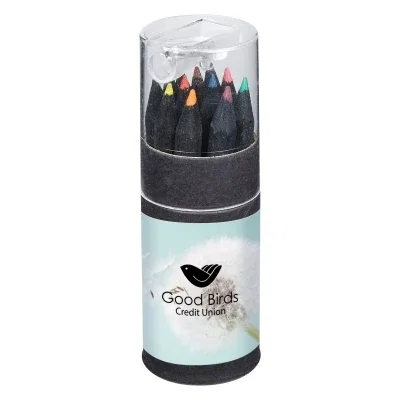 Matte black tube holding twelve colored pencils and a sharpener